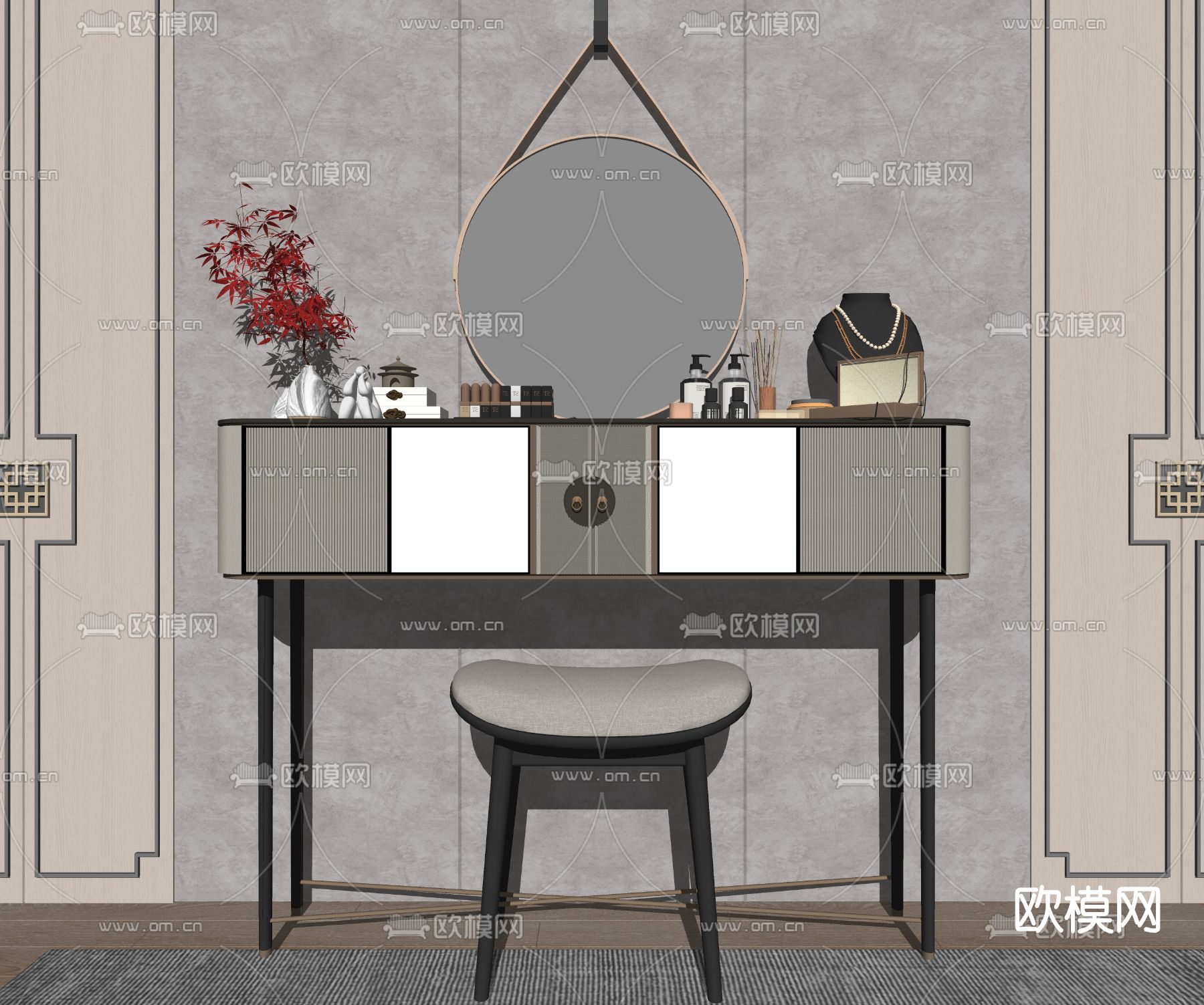 新中式时尚梳妆台su模型下载