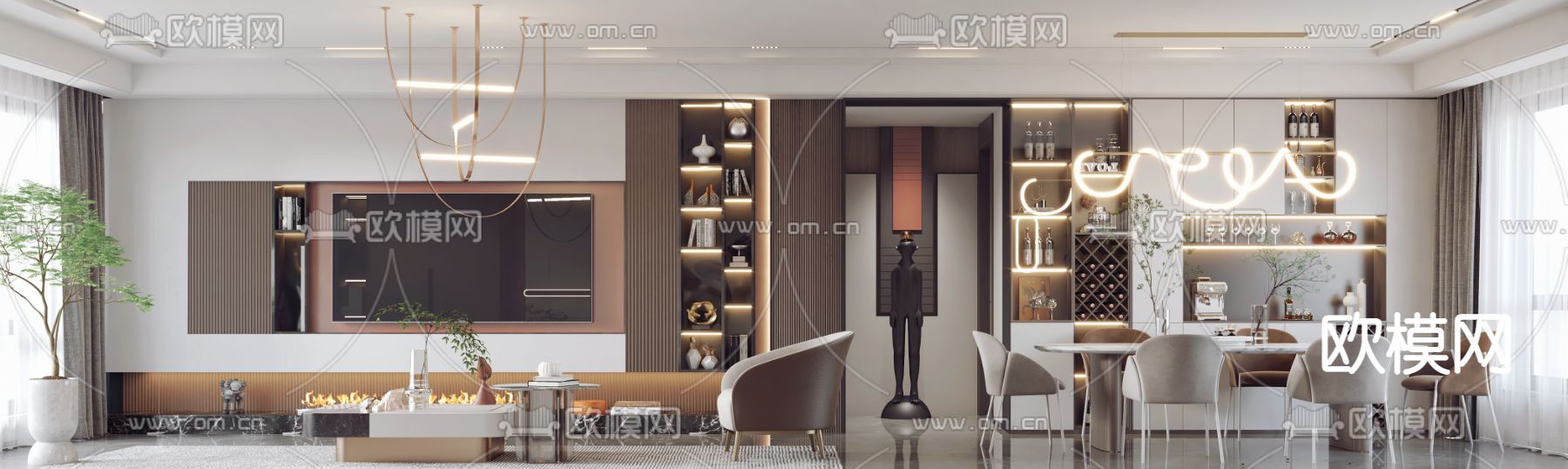 现代轻奢客厅餐厅3d模型下载（渲染图4）