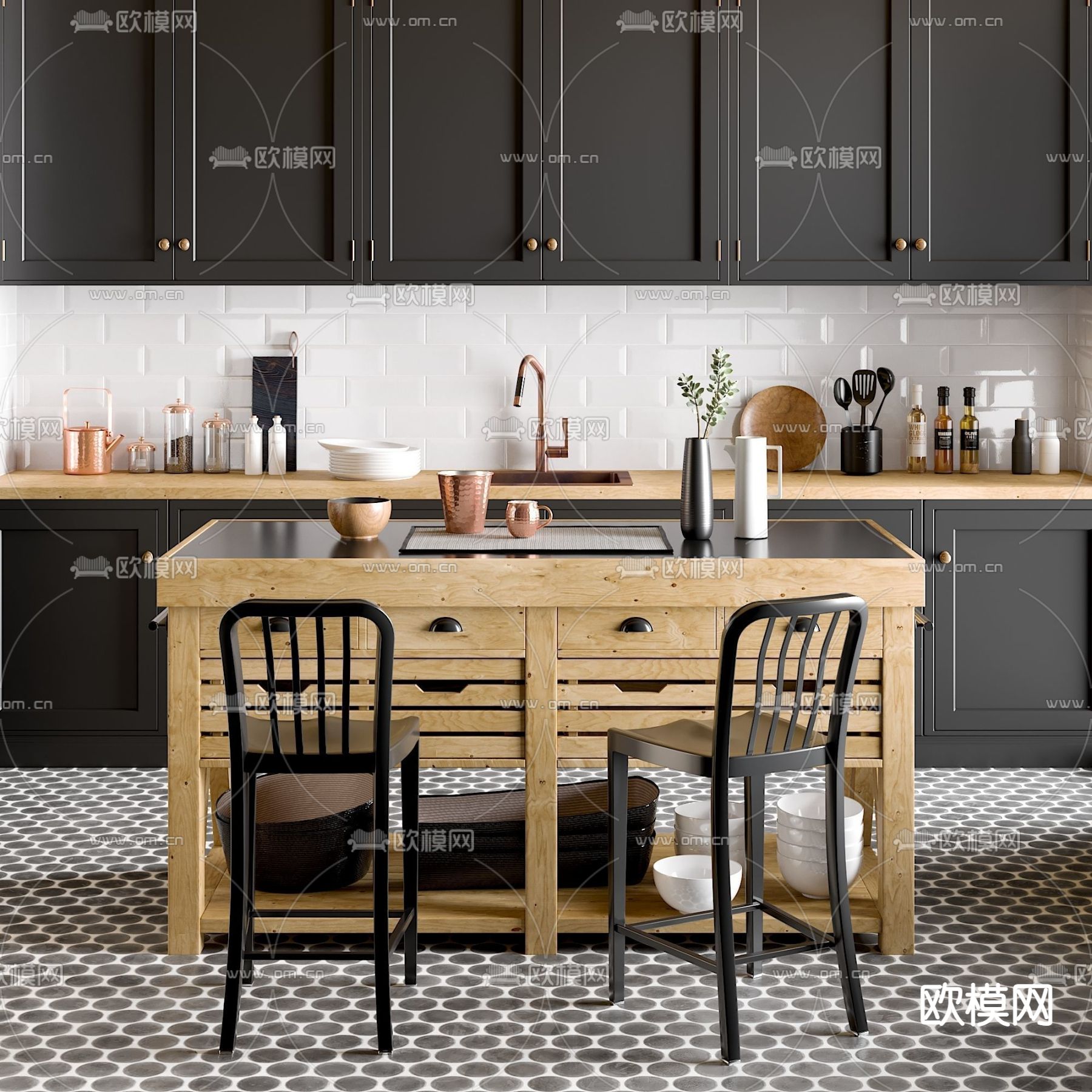 美式中岛台橱柜3d模型下载