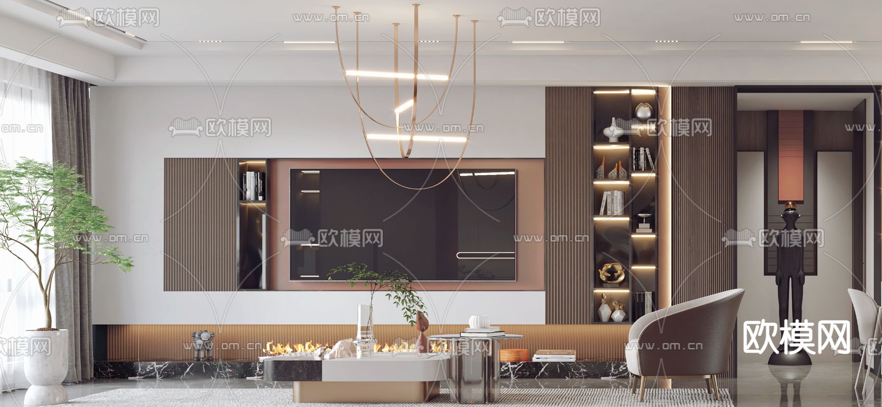 现代轻奢客厅餐厅3d模型下载（渲染图2）