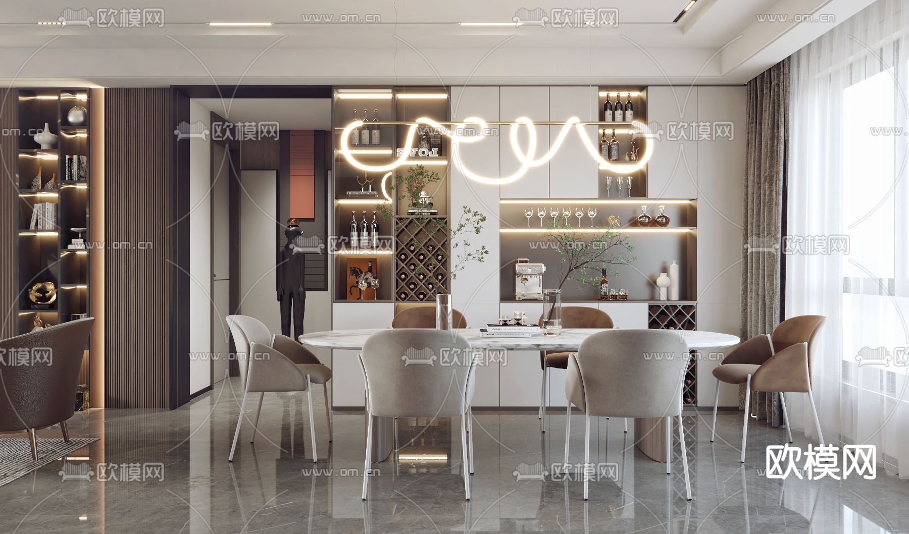 现代轻奢客厅餐厅3d模型下载（渲染图3）