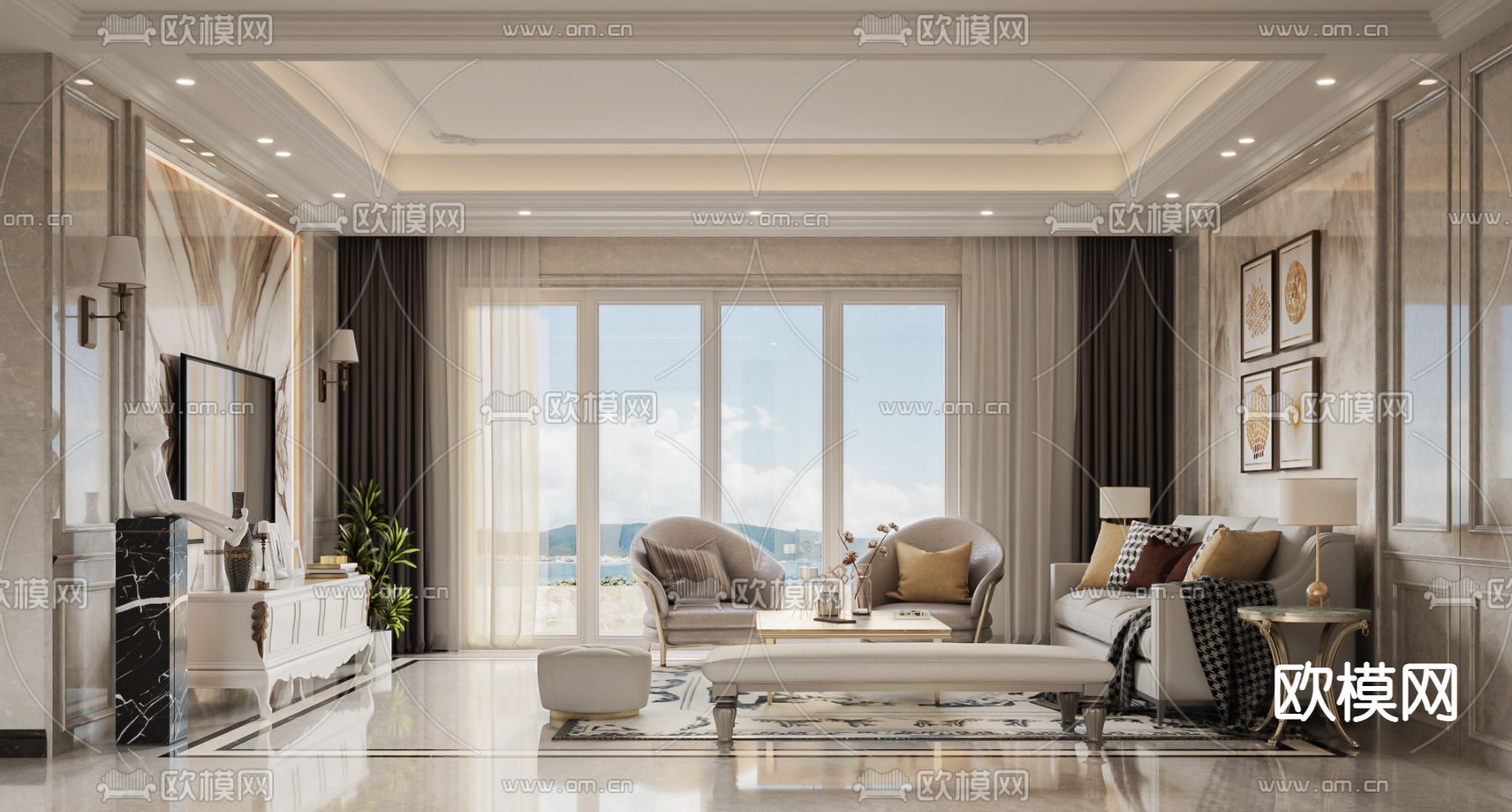 欧式客餐厅免费3d模型下载（渲染图2）