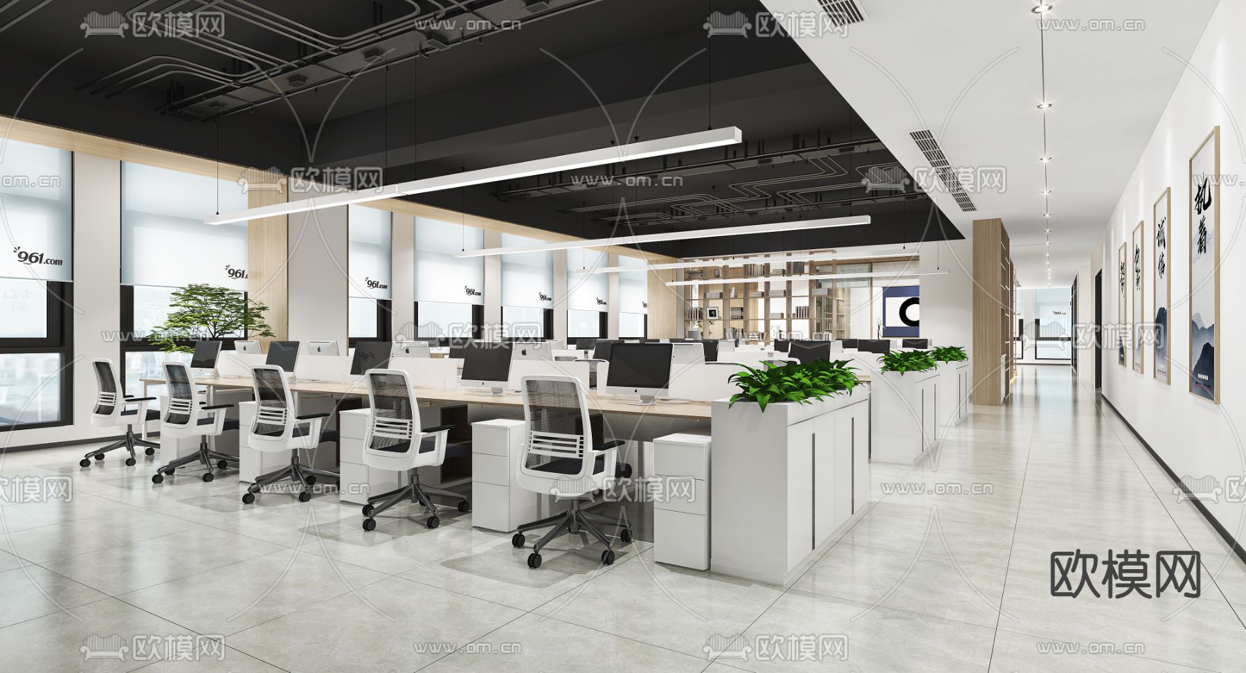 现代敞开式办公室3d模型下载（渲染图1）