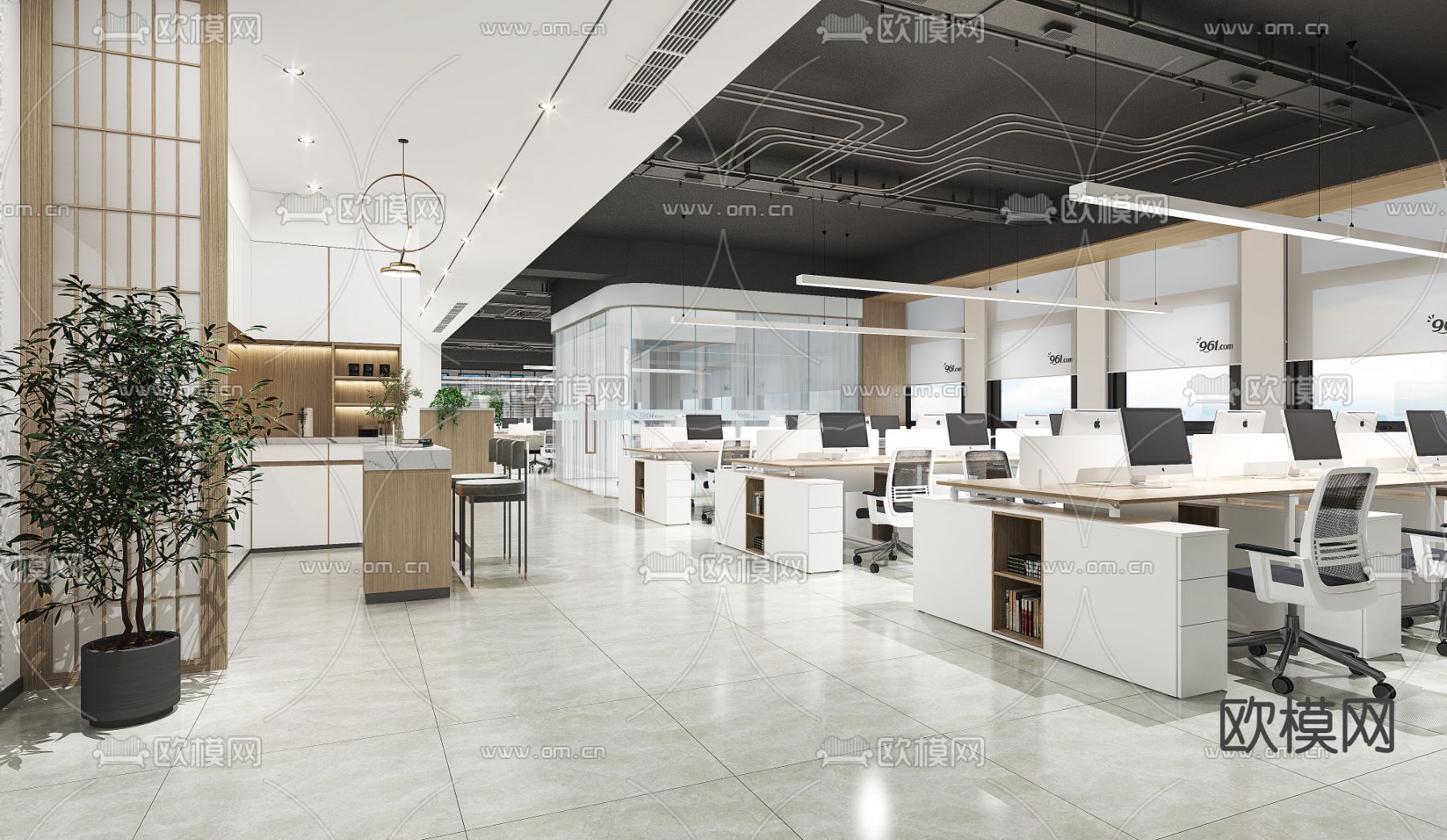 现代敞开式办公室3d模型下载（渲染图2）