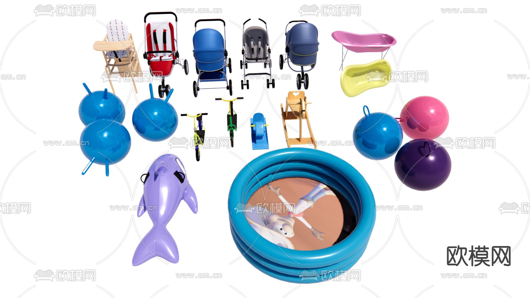 现代儿童充气泳池鲨鱼玩具su模型下载（渲染图1）