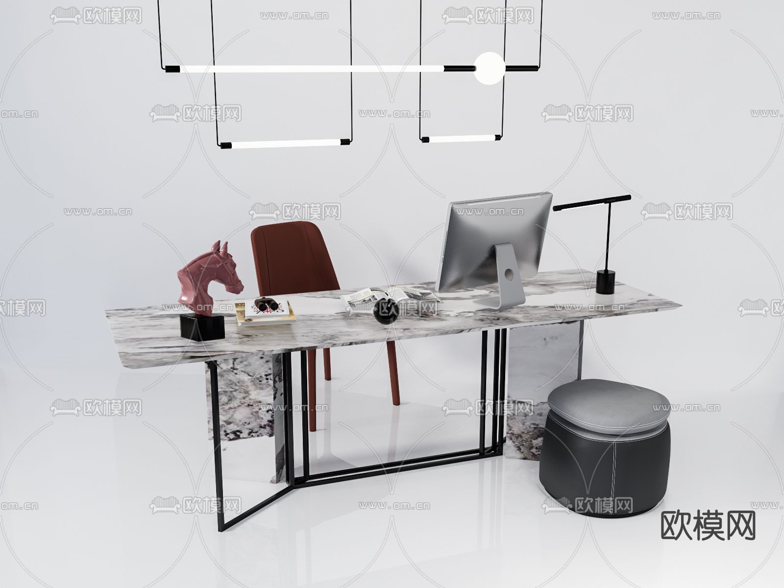 现代班台办公桌椅su模型下载（渲染图1）
