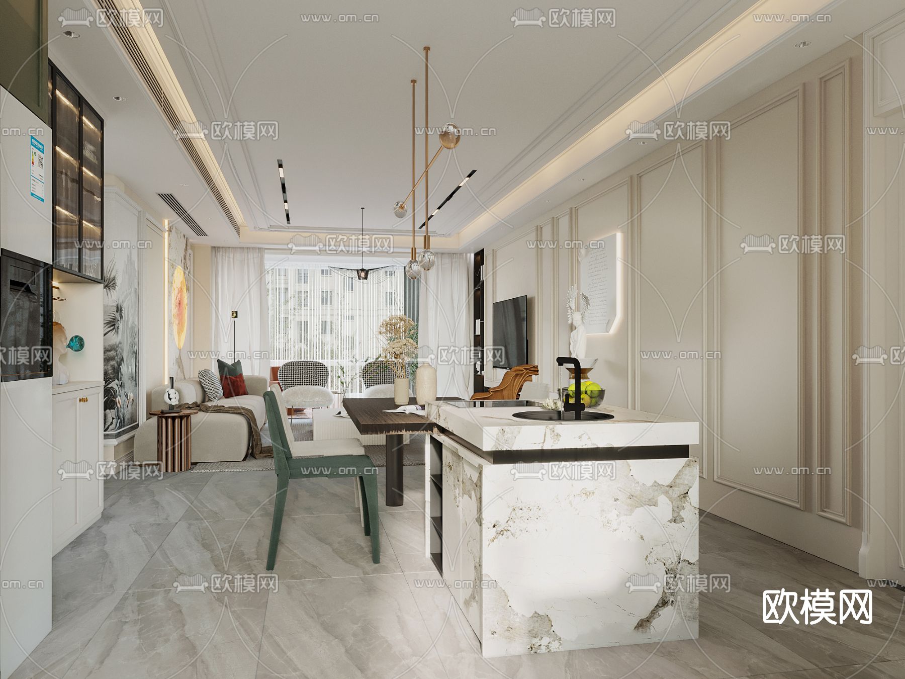 简欧轻奢客厅餐厅3d模型下载（渲染图5）