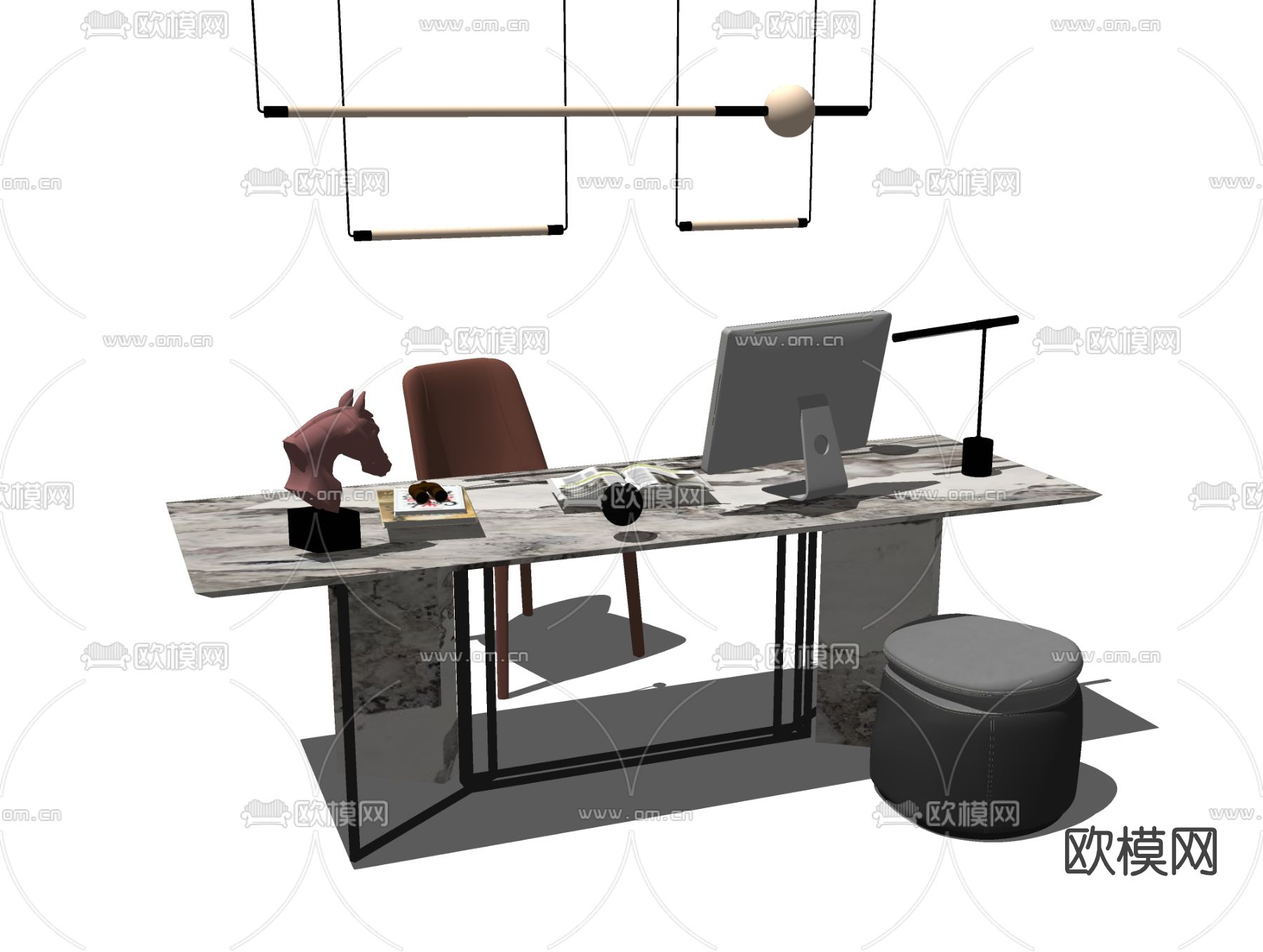 现代班台办公桌椅su模型下载（渲染图2）