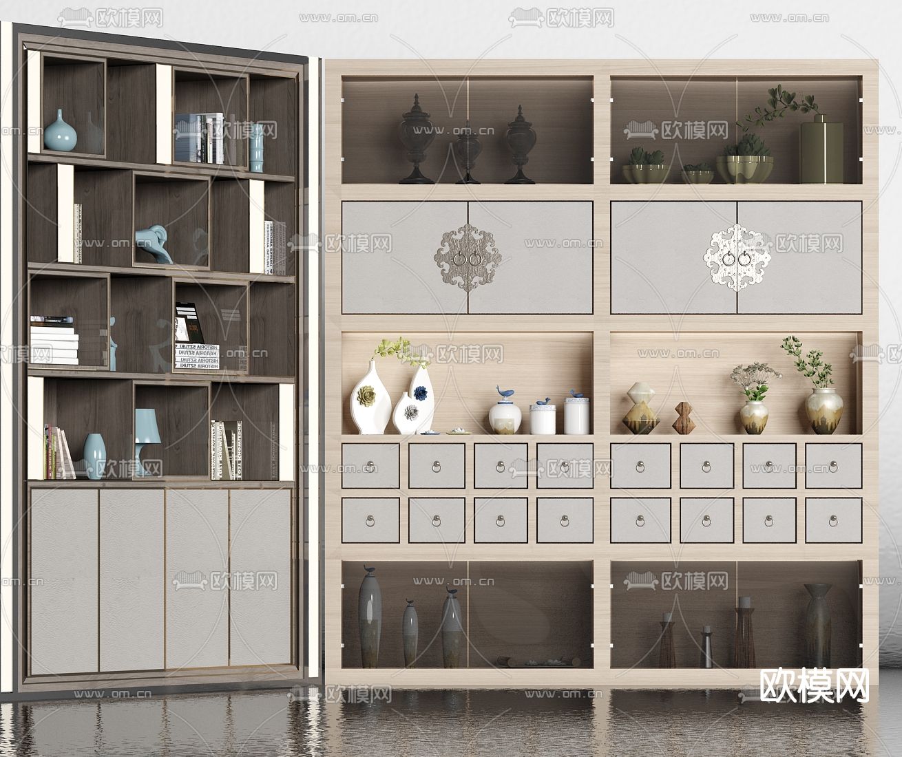 新中式实木装饰柜su模型下载（渲染图1）