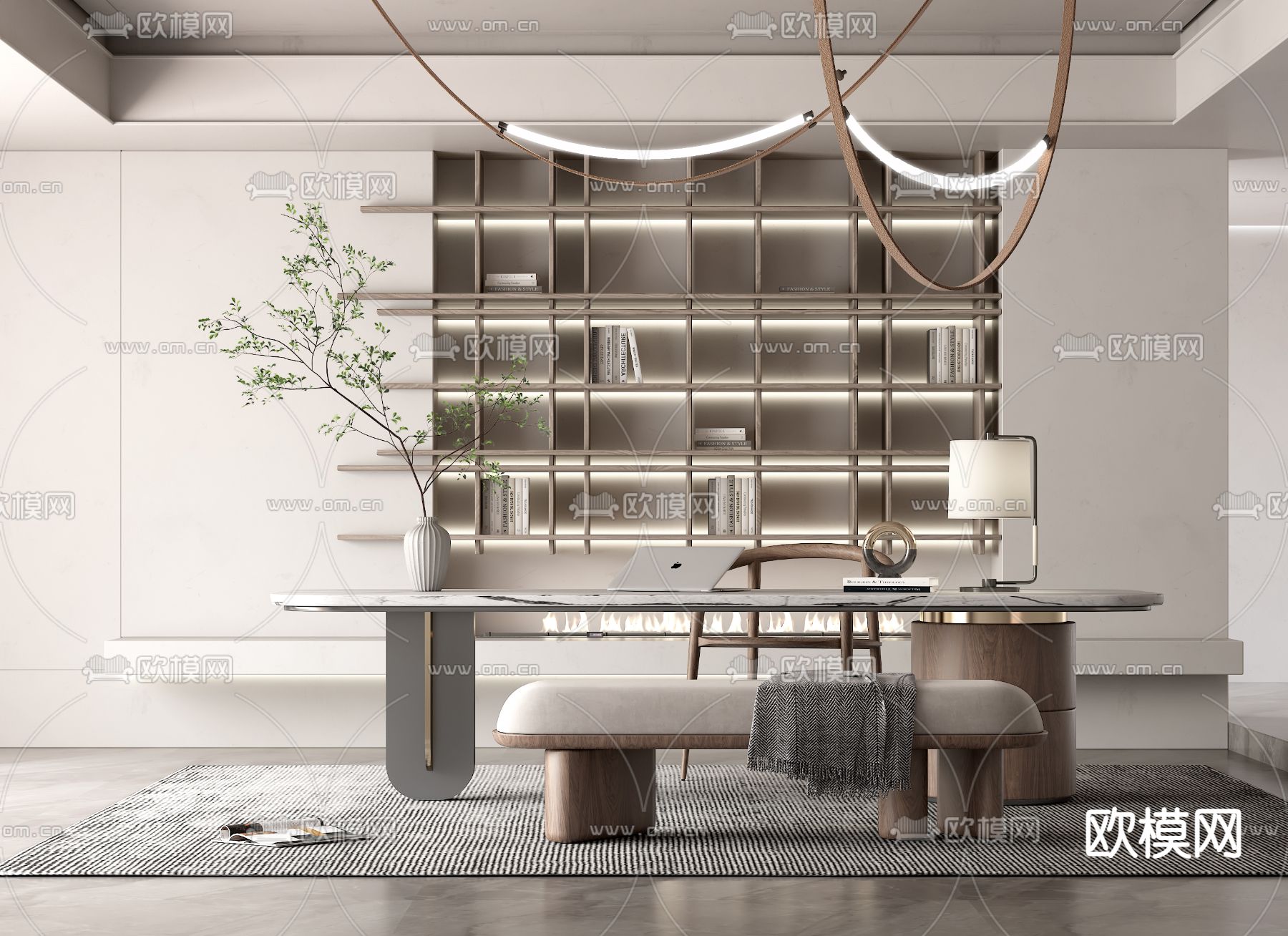 现代大理石书桌椅3d模型下载（渲染图1）