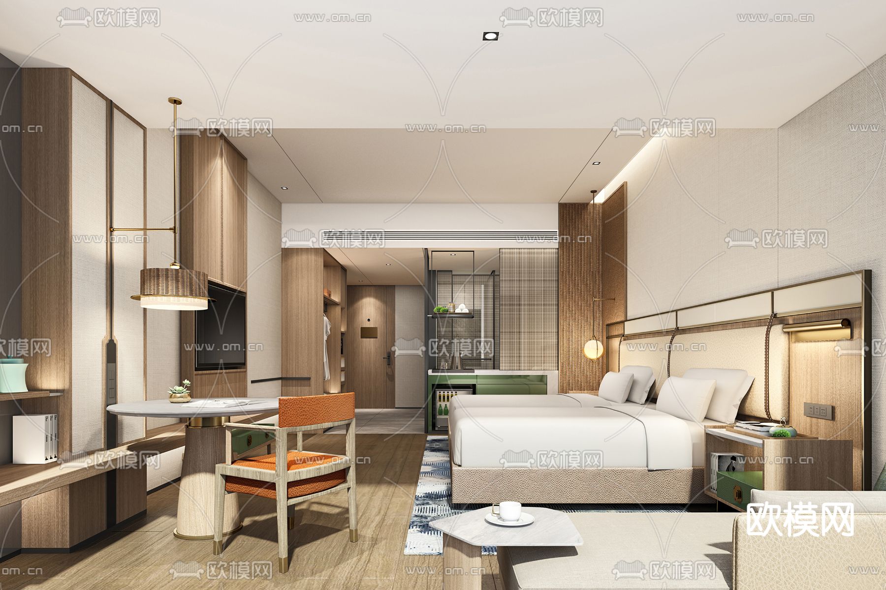 现代酒店双床客房3d模型下载