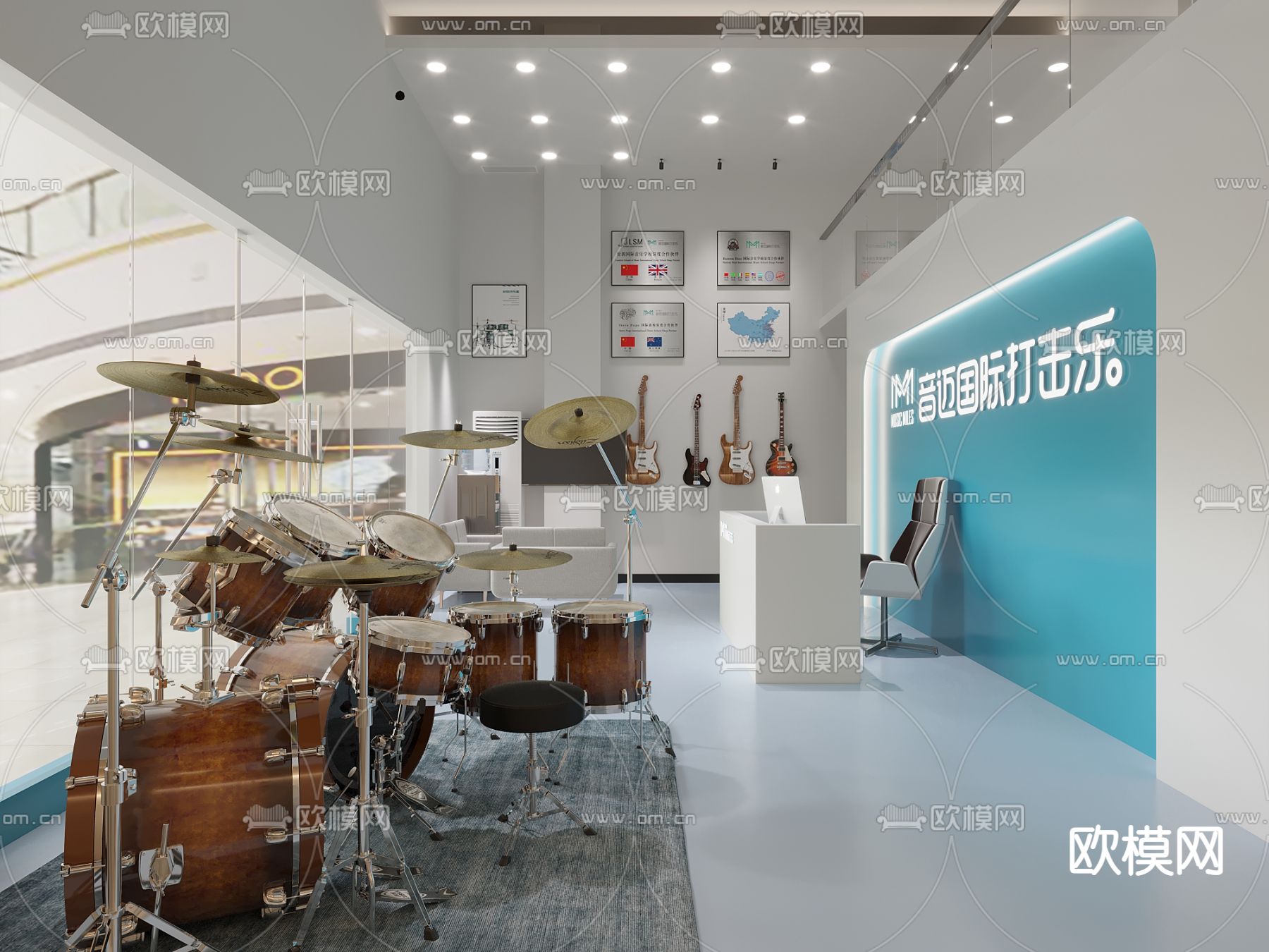 现代架子鼓吉他专卖店3d模型下载（渲染图3）