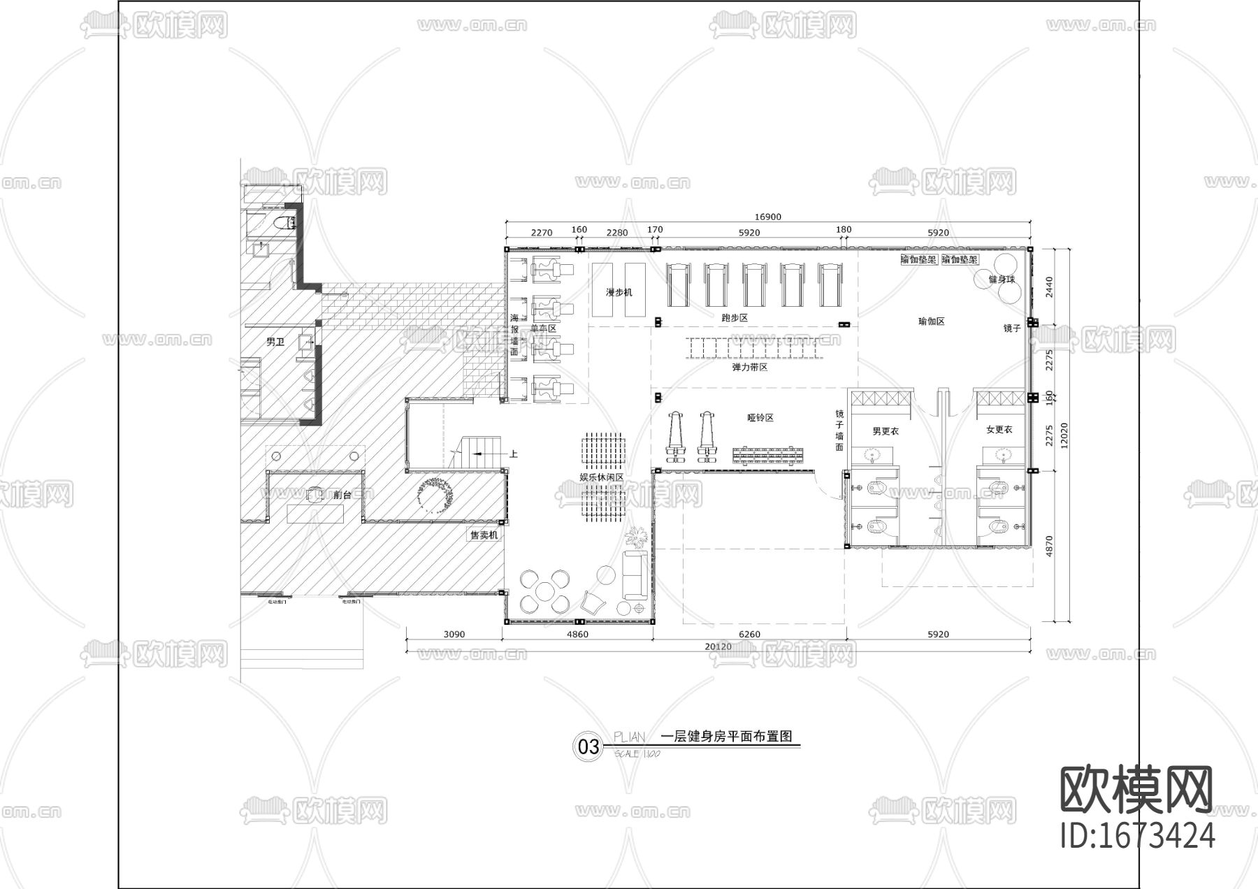 书吧健身房cad施工图下载（渲染图1）