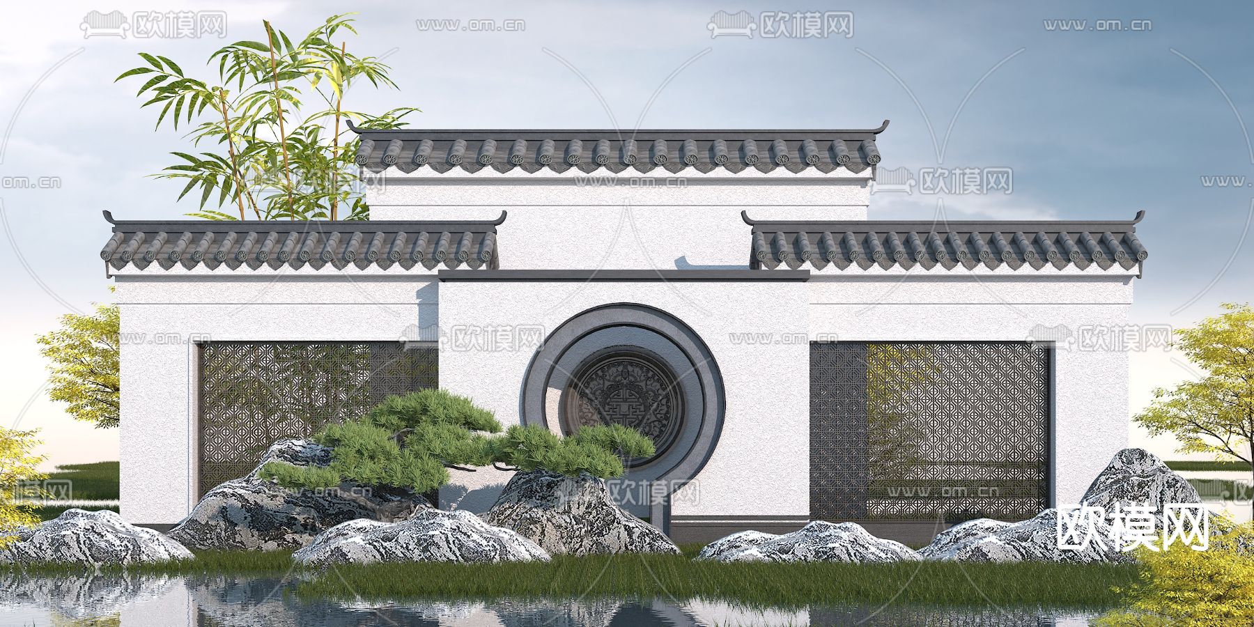 中式园林景观墙3d模型下载