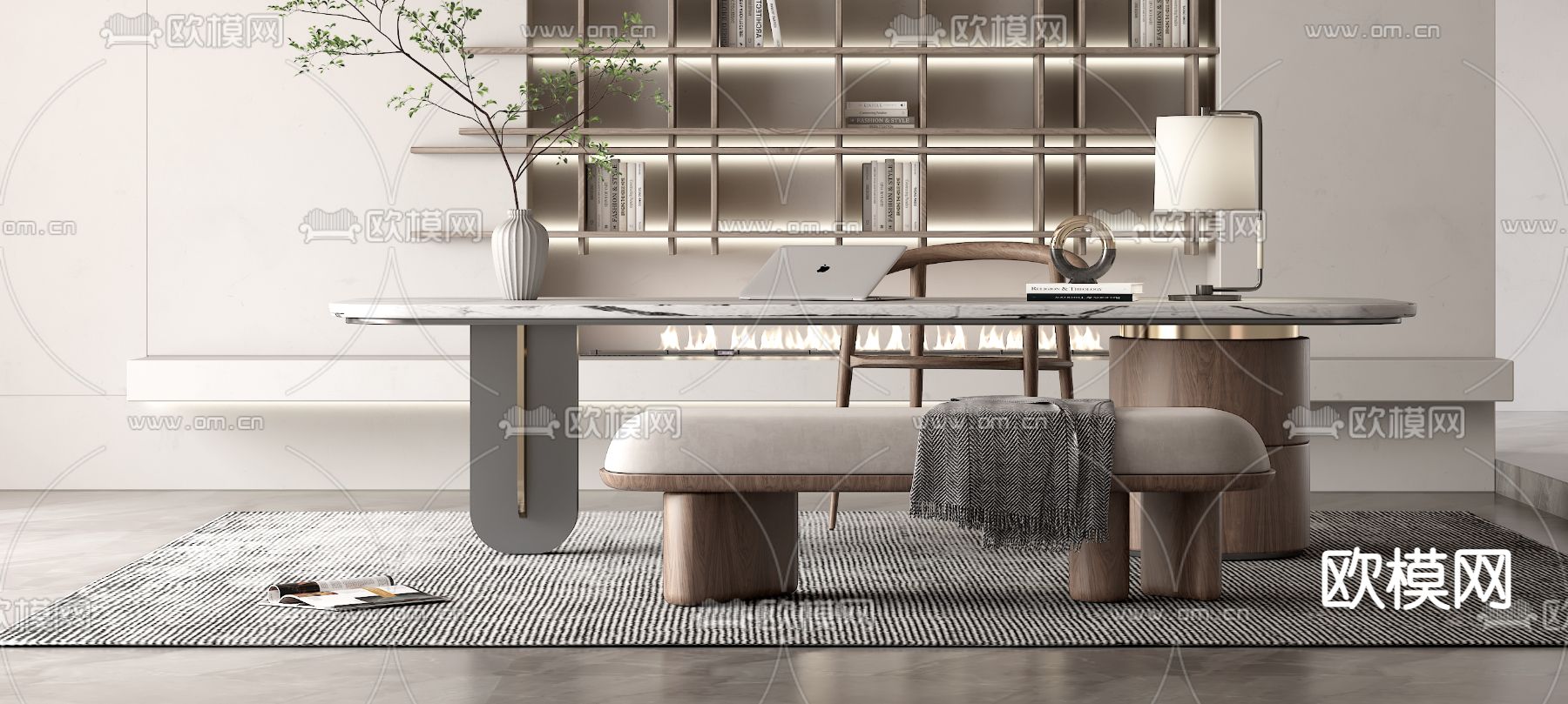 现代大理石书桌椅3d模型下载（渲染图3）