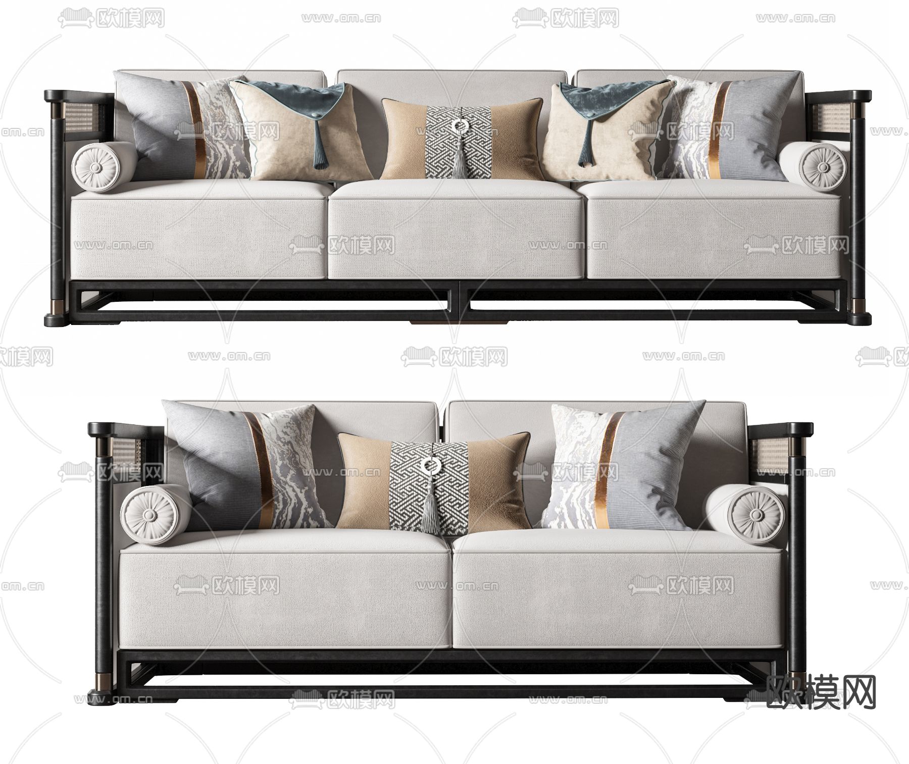 新中式布艺多人沙发3d模型下载（渲染图1）