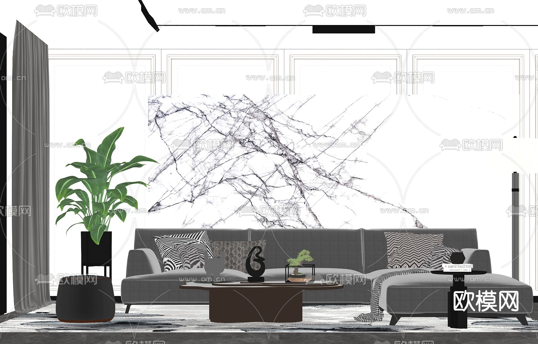 现代布艺沙发组合su模型下载（渲染图2）