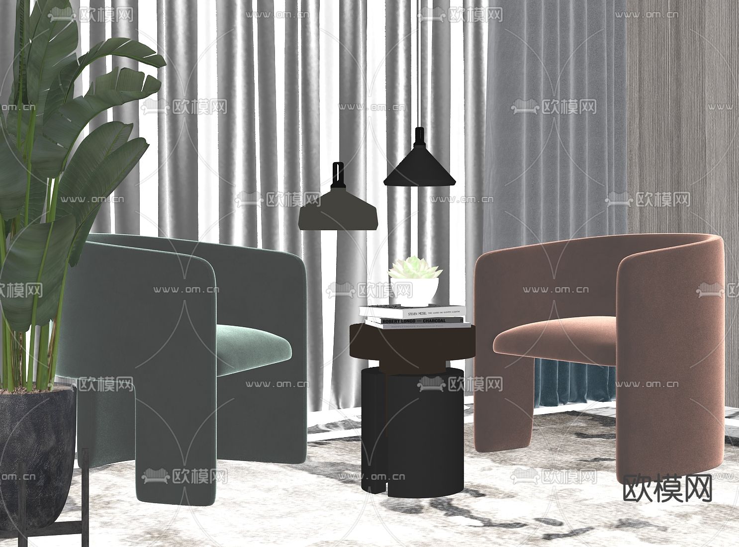 现代布艺休闲沙发su模型下载（渲染图2）