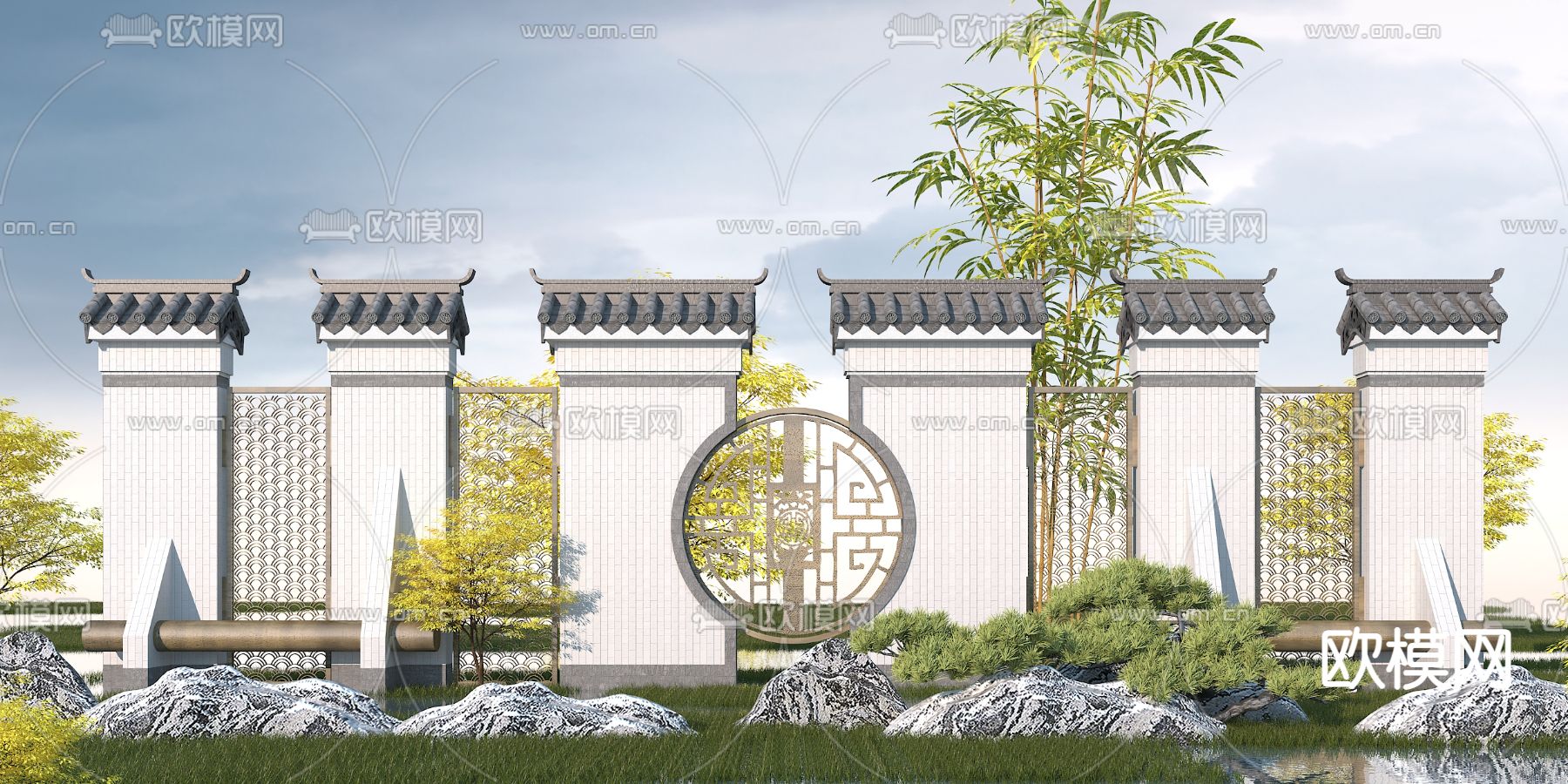 新中式园林景观墙3d模型下载