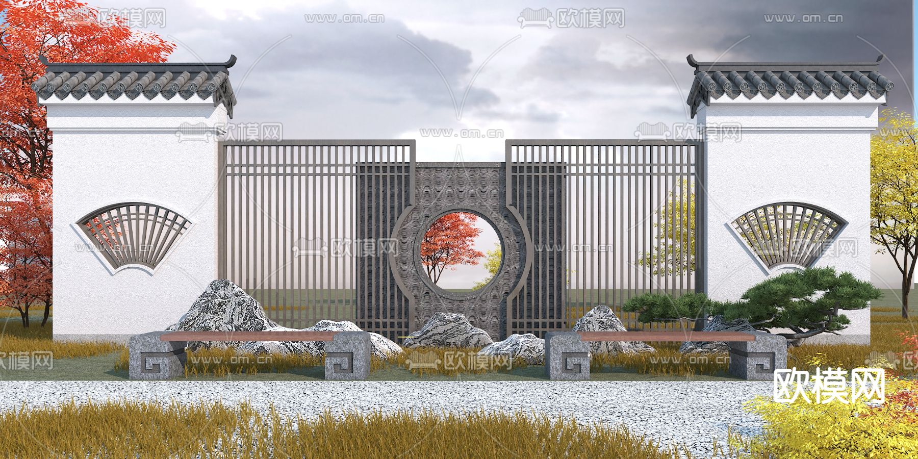 中式园林景观墙3d模型