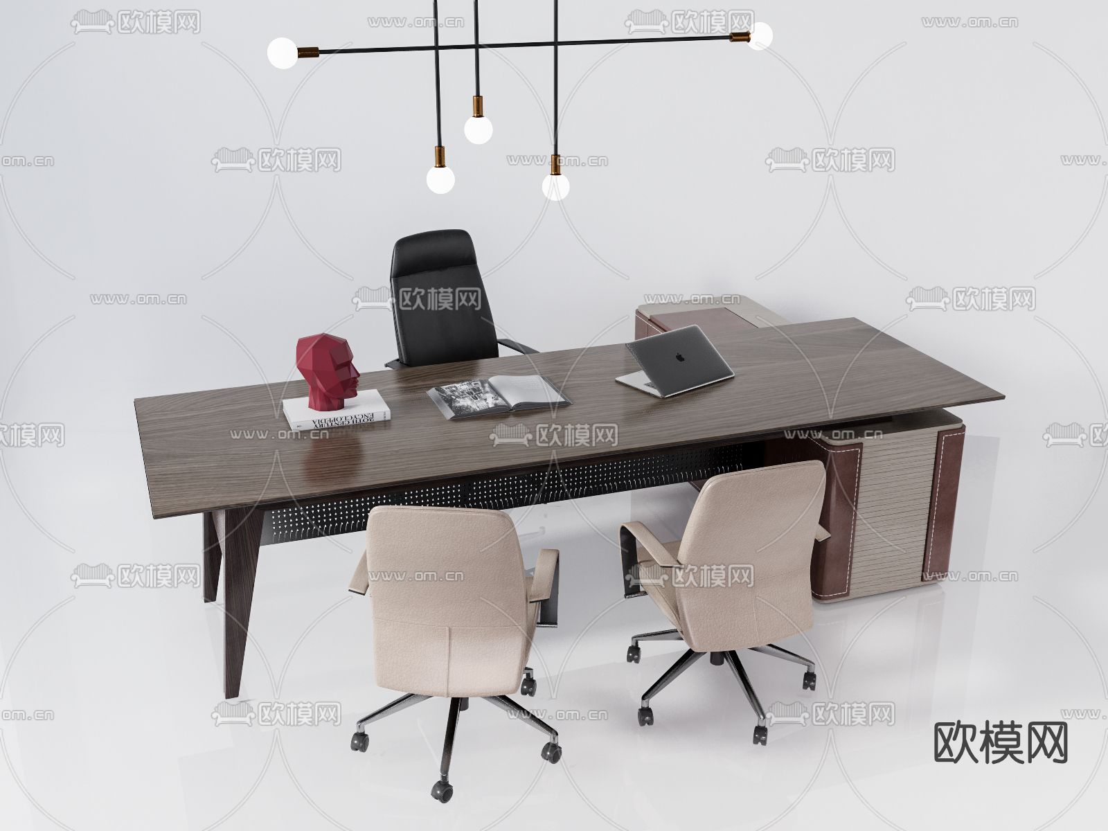 现代班台办公桌椅su模型下载（渲染图1）