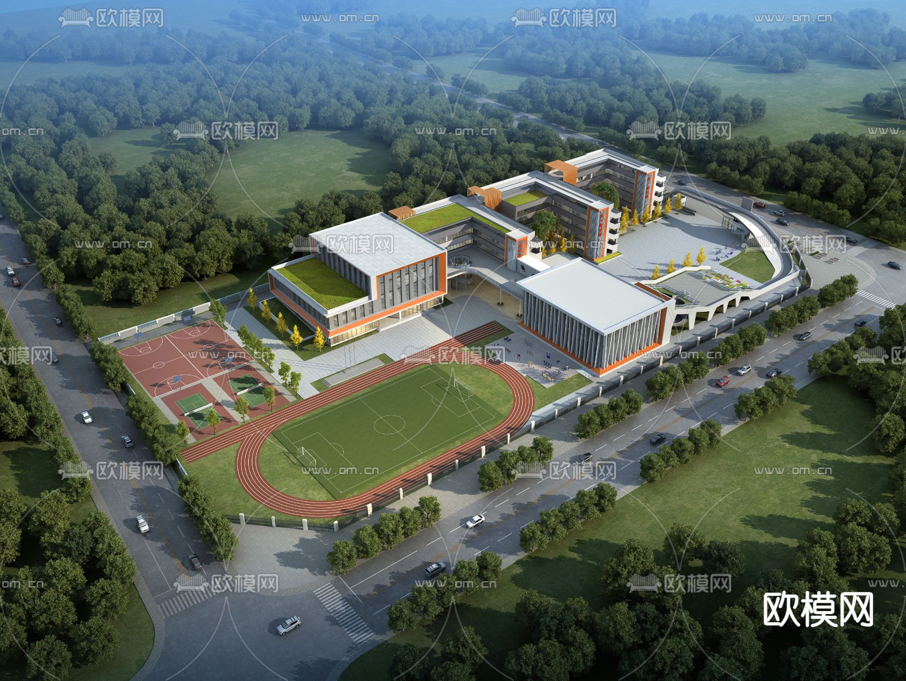 现代学校鸟瞰规划3d模型