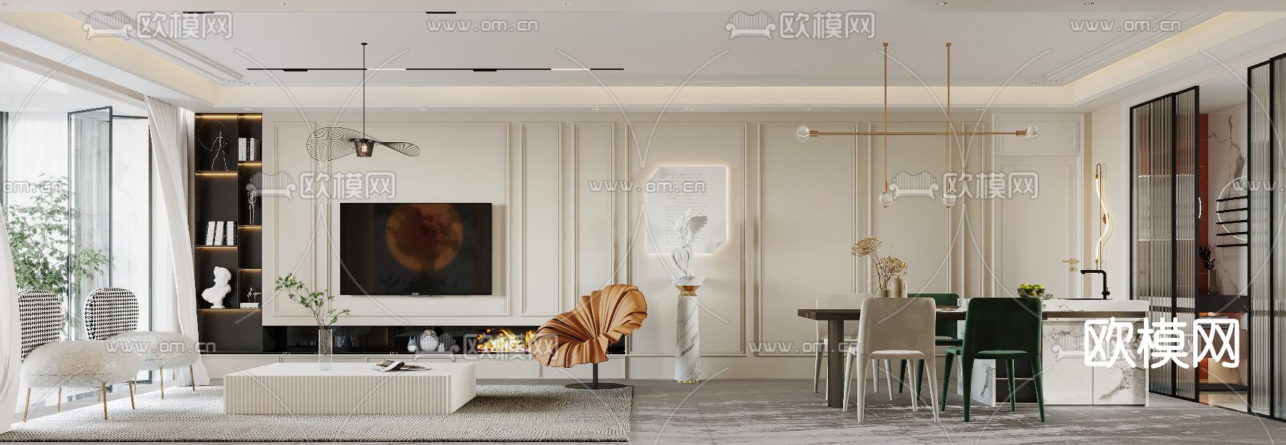 简欧轻奢客厅餐厅3d模型下载（渲染图2）