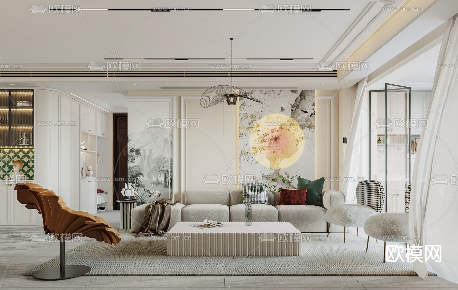 简欧轻奢客厅餐厅3d模型下载（渲染图1）