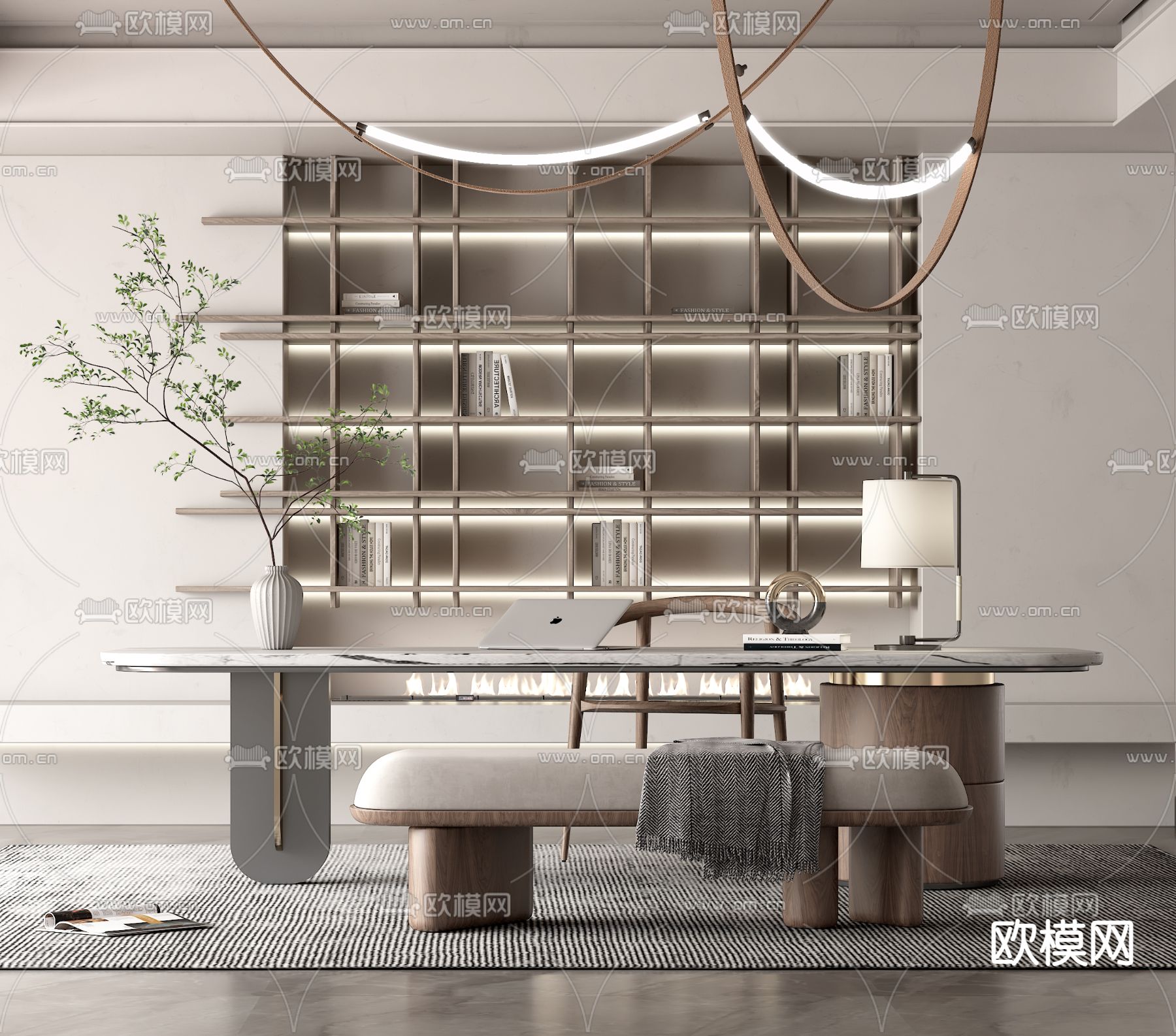 现代大理石书桌椅3d模型下载（渲染图2）