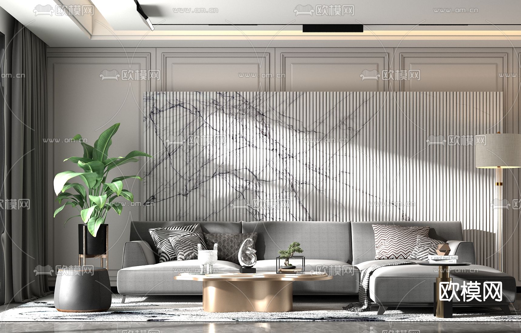 现代布艺沙发组合su模型下载（渲染图1）