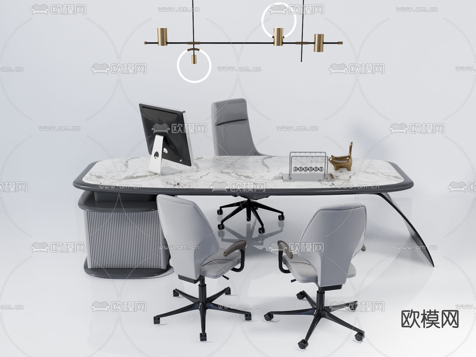 现代班台办公桌椅su模型下载（渲染图1）