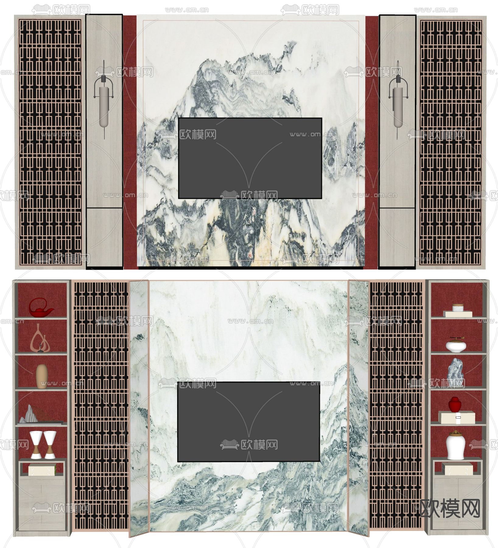 新中式电视背景墙su模型下载