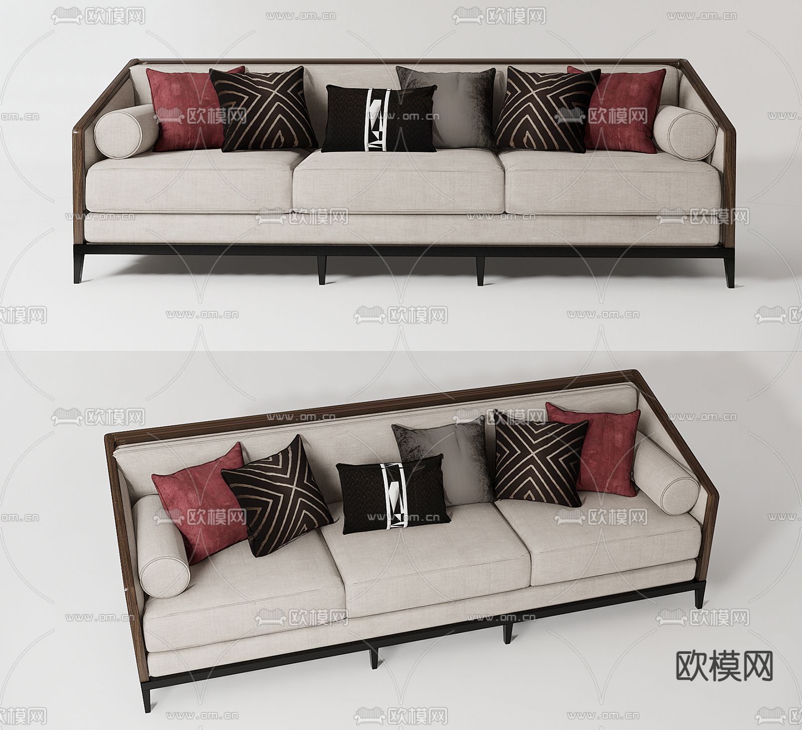 新中式布艺多人沙发su模型下载（渲染图1）