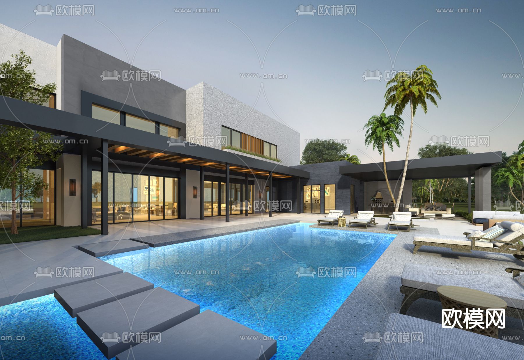 现代别墅露天泳池3d模型下载