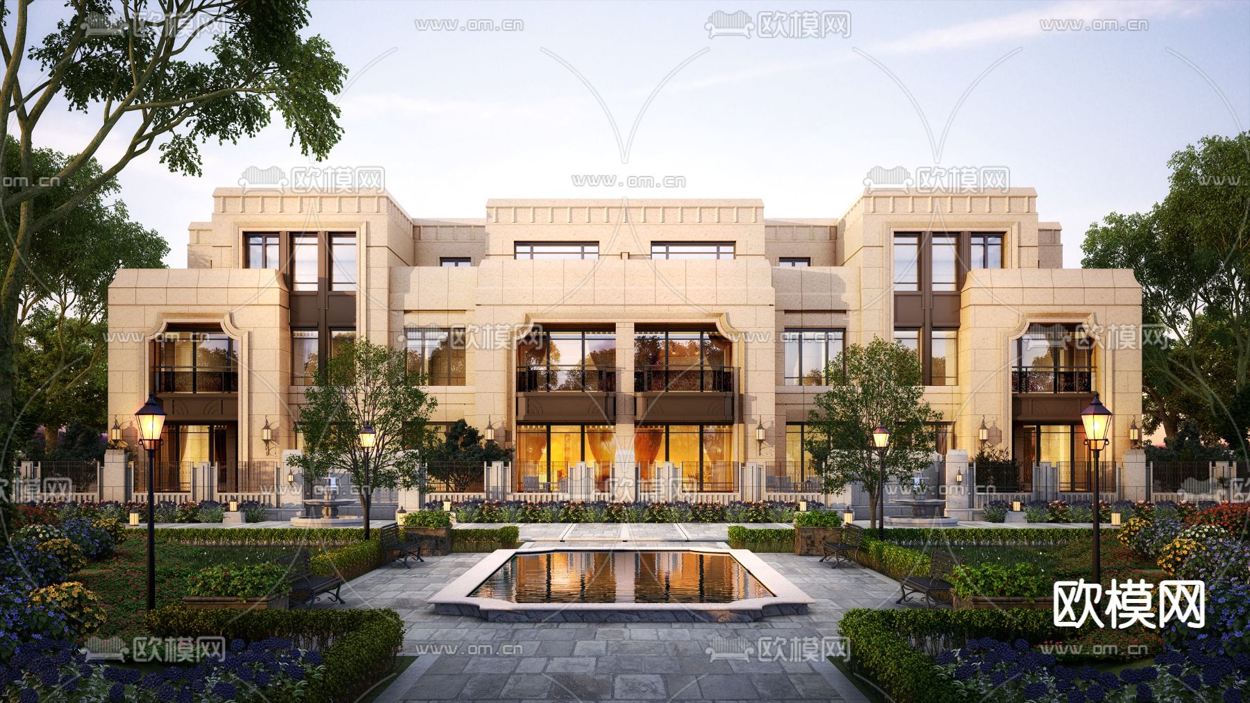 欧式联排别墅su模型下载（渲染图1）