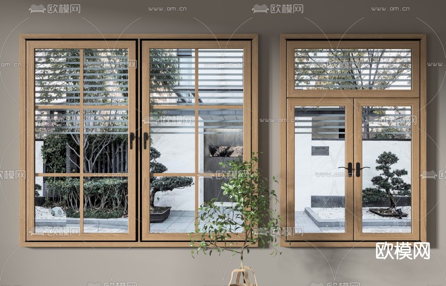 现代实木双开窗平开窗3d模型下载(渲染图2)