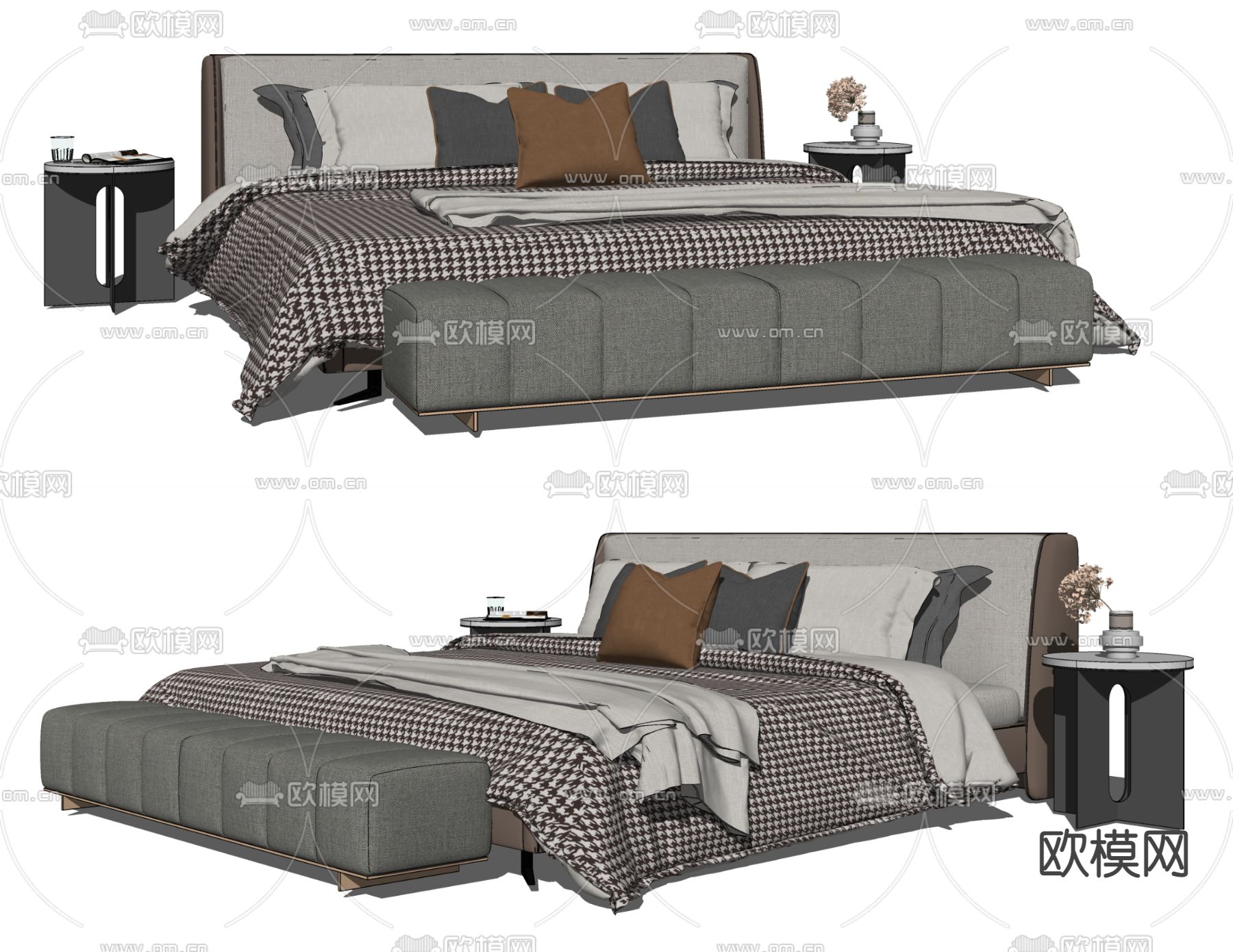 现代布艺双人床su模型下载（渲染图2）