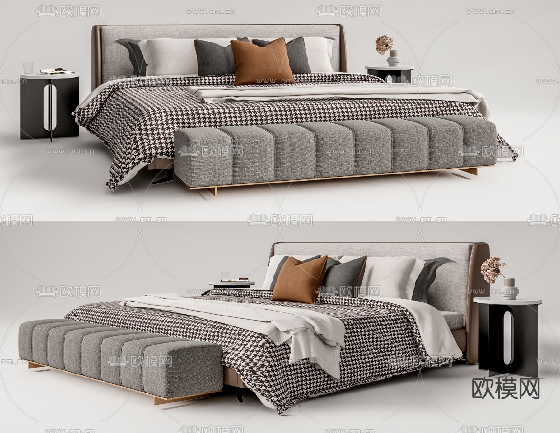 现代布艺双人床su模型下载（渲染图1）