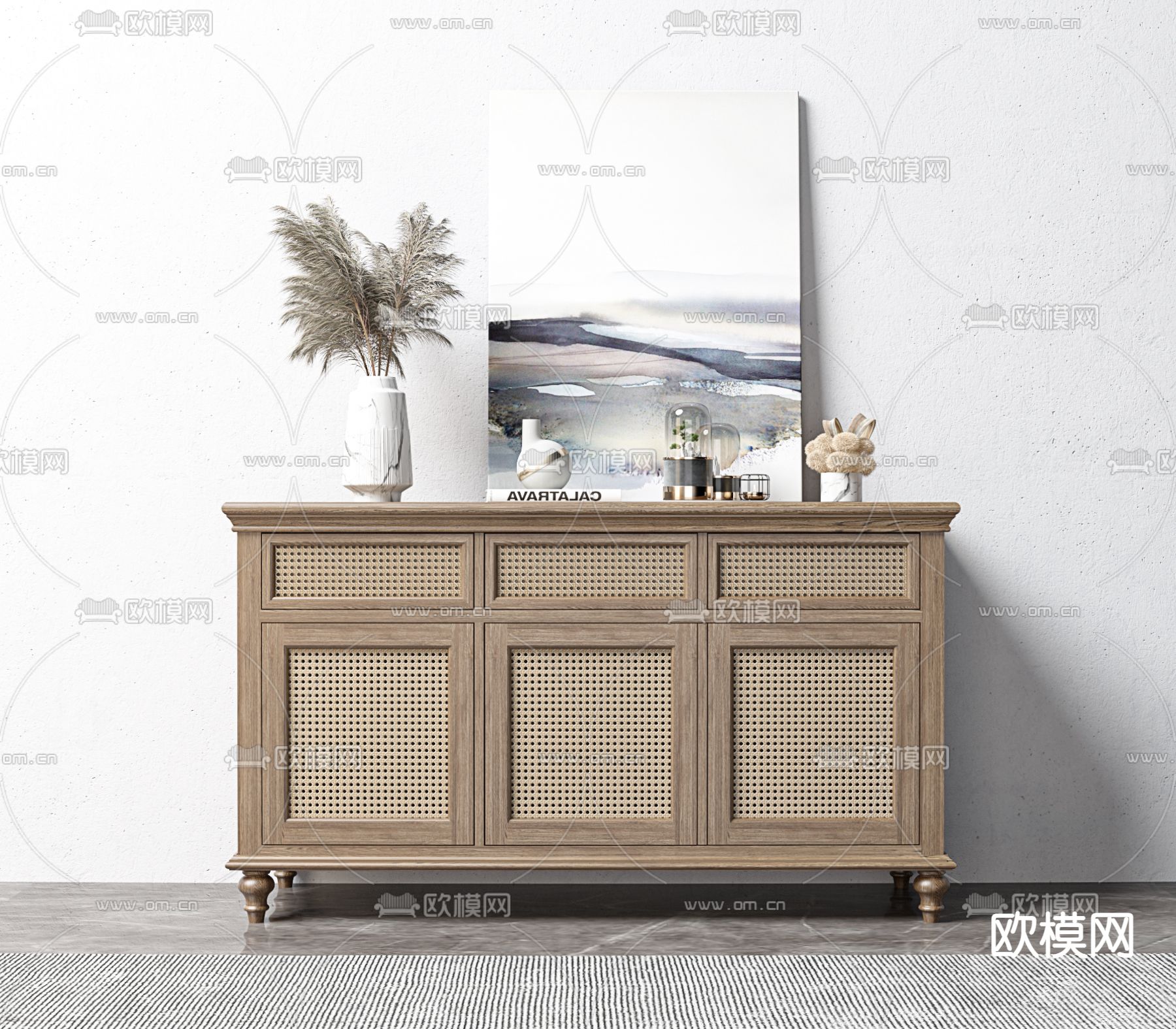美式藤编网格边柜3d模型下载