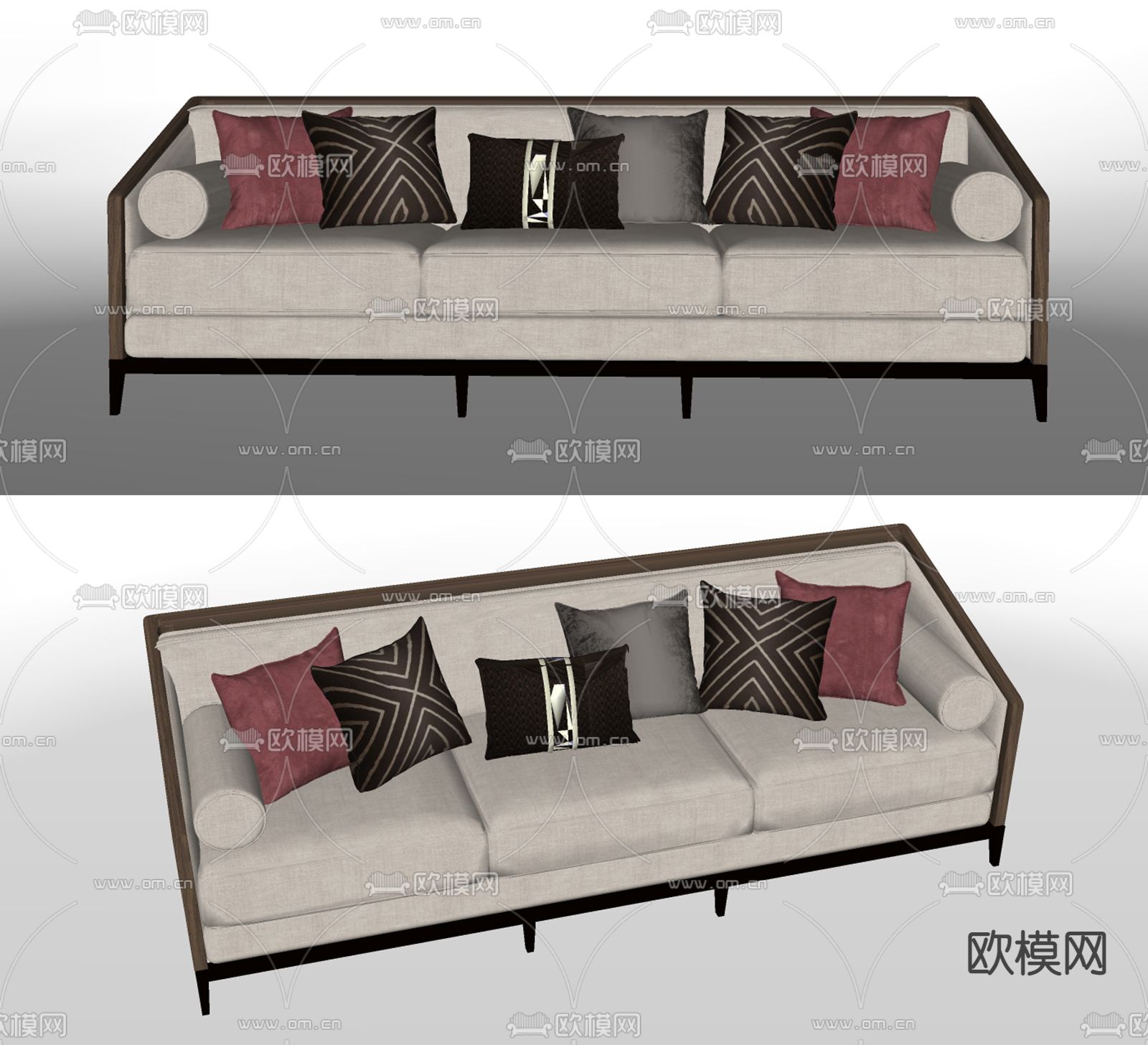 新中式布艺多人沙发su模型下载（渲染图2）