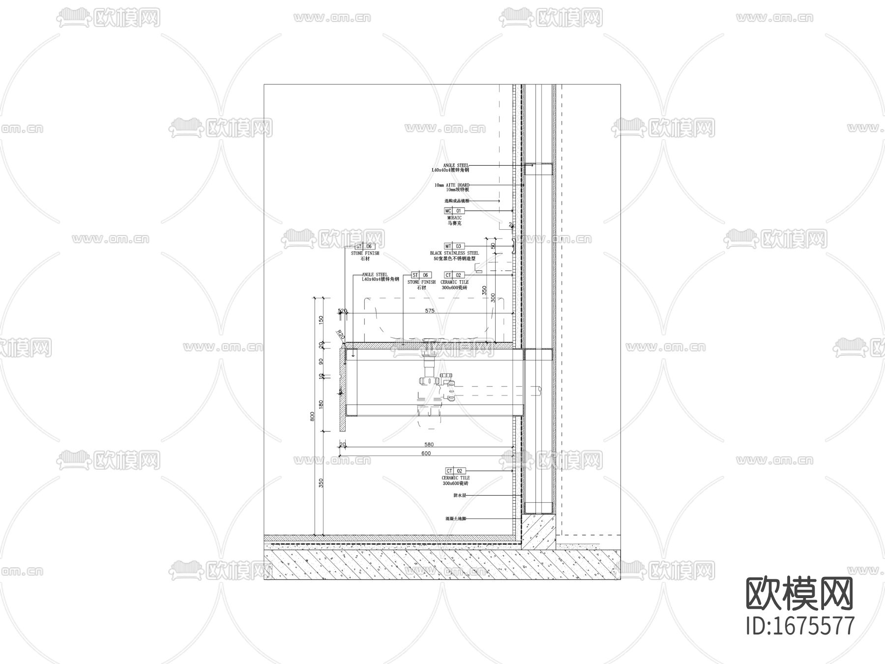卫生间隔断台上盆剖面节点大样图下载