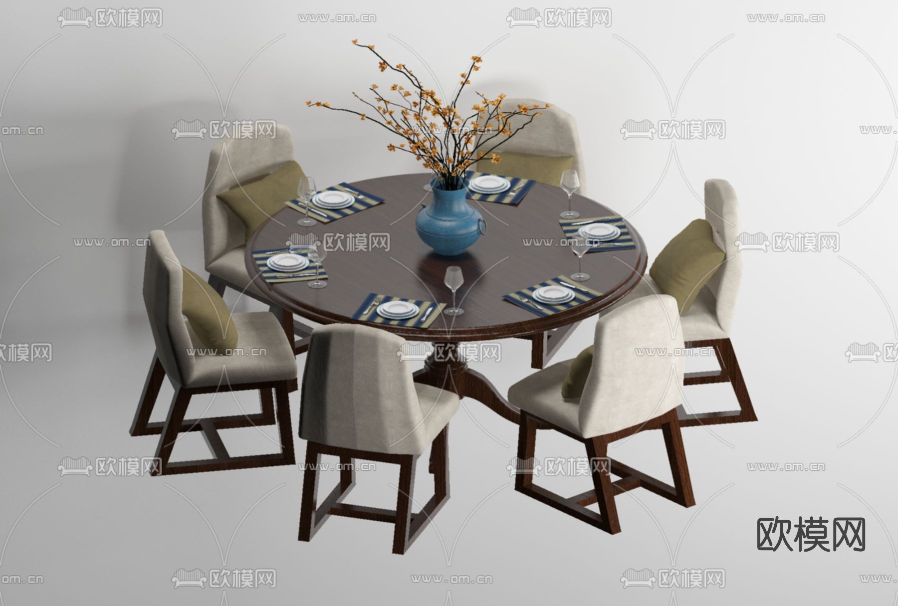 新中式圆形餐桌椅免费3d模型下载