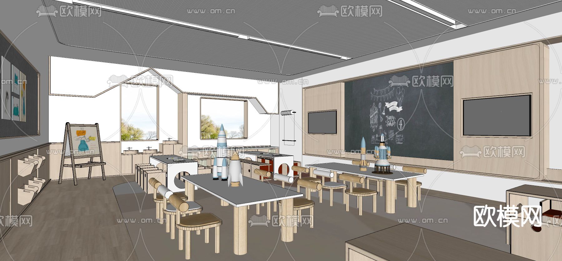 现代幼儿园教室su模型下载（渲染图2）
