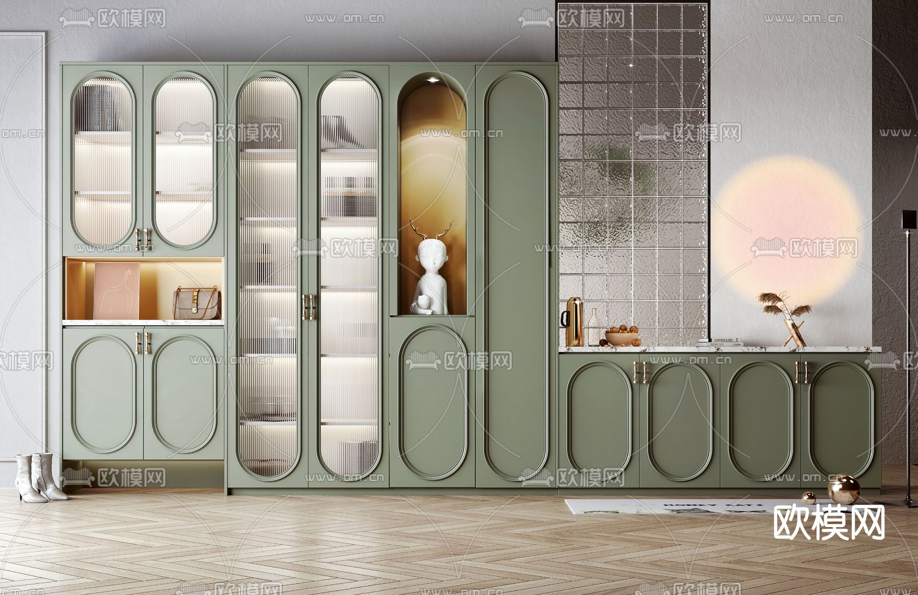 北欧一体式多功能鞋柜su模型下载（渲染图1）