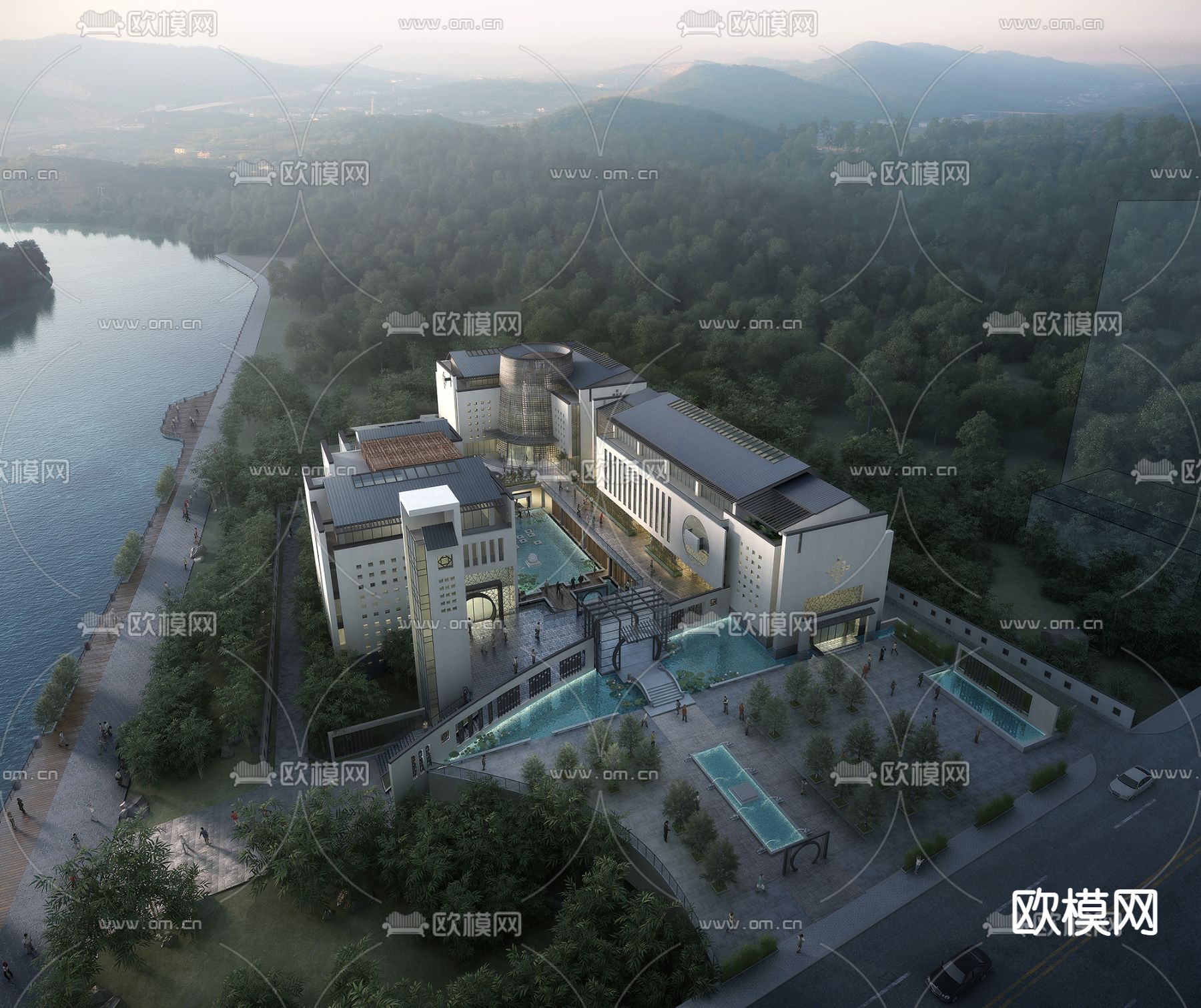 中式会所鸟瞰3d模型下载（渲染图1）