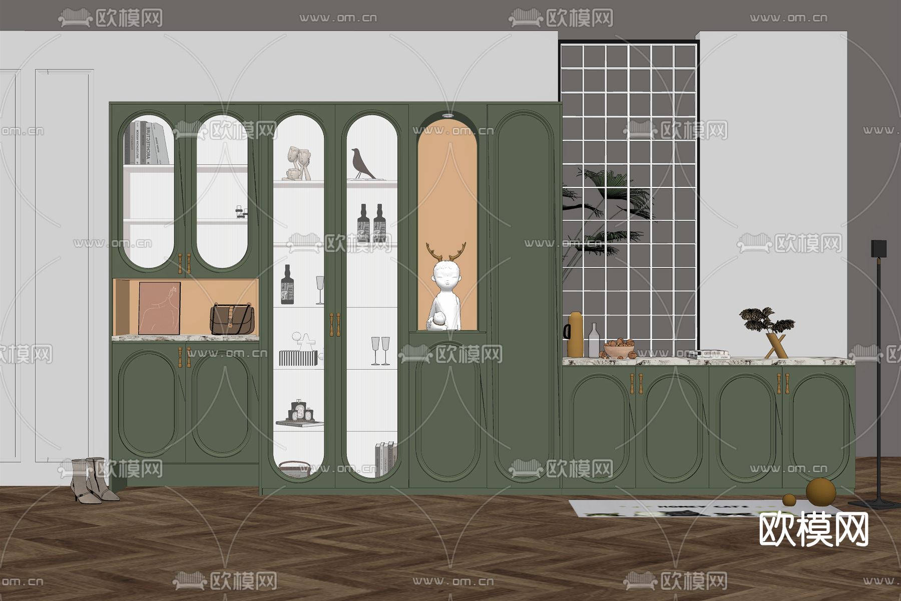 北欧一体式多功能鞋柜su模型下载（渲染图2）