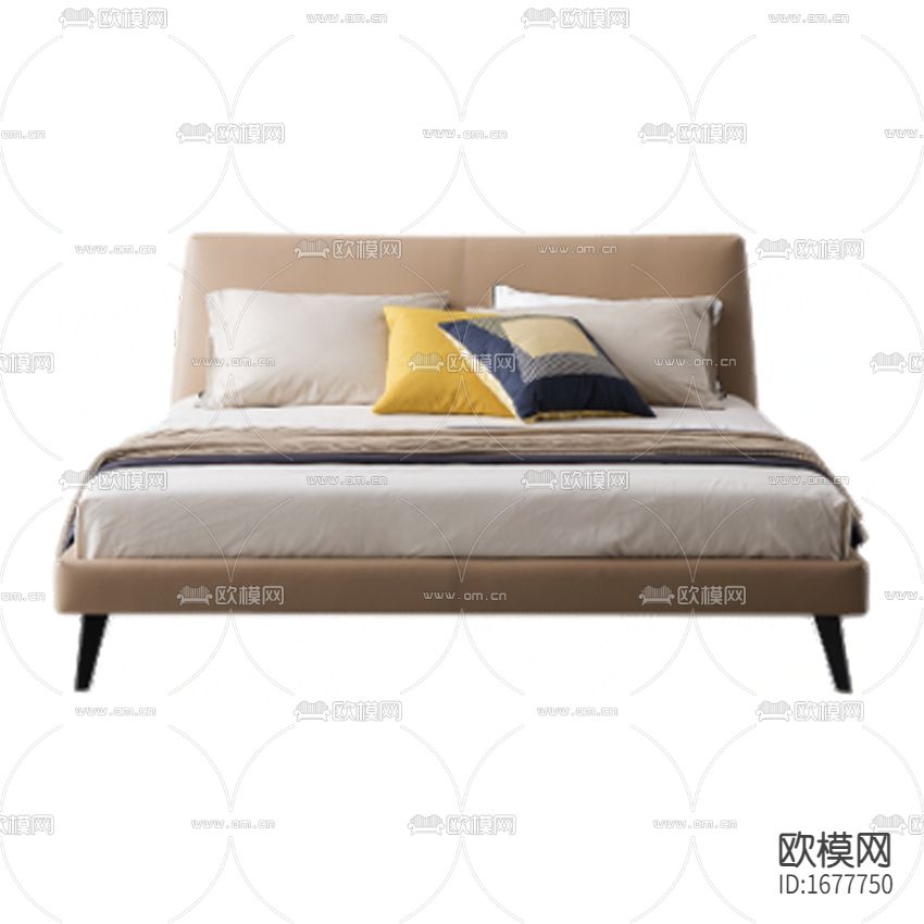 现代简约杏色皮革布艺双人床