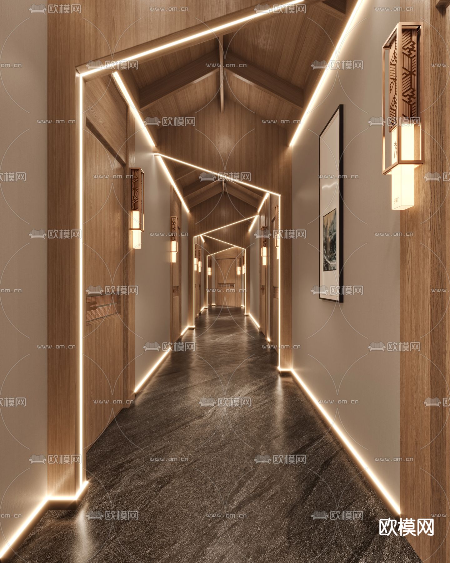 新中式酒店走廊过道3d模型