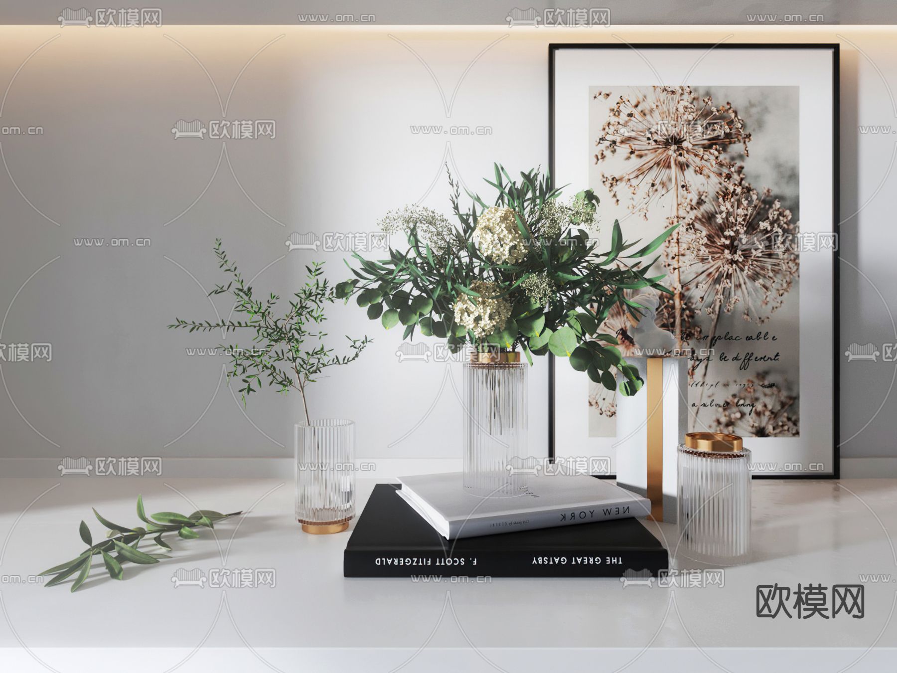 现代玻璃花瓶书籍摆件3d模型下载