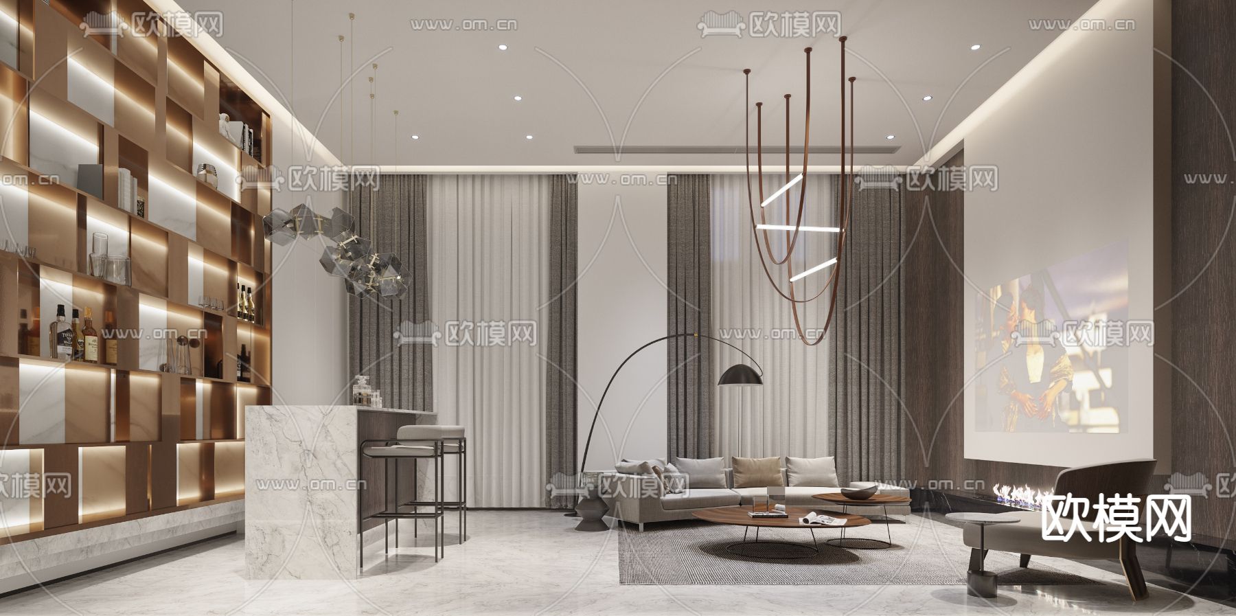 现代轻奢地下室休闲区3d模型下载（渲染图2）